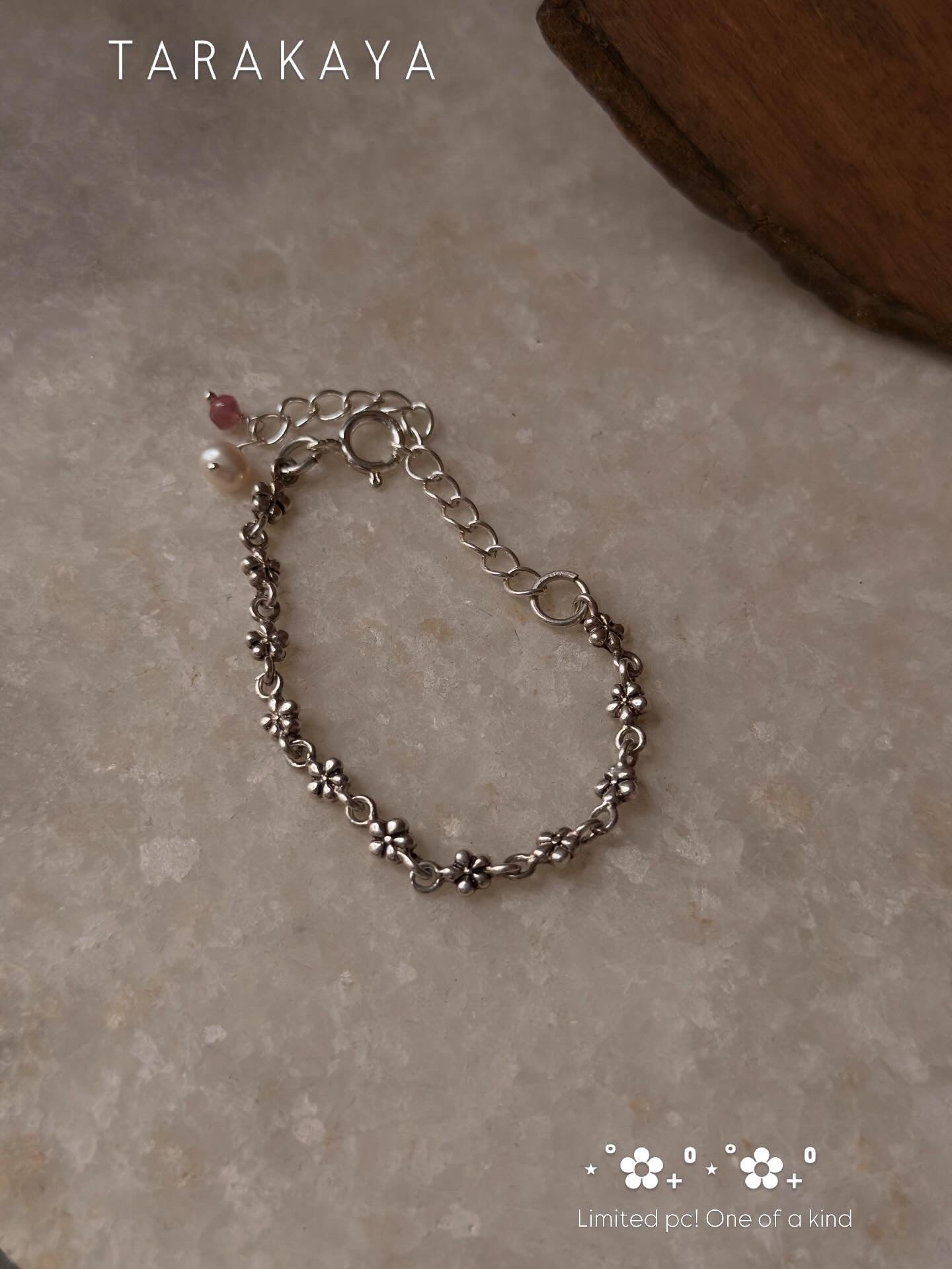 925 Sterling Silver Antique Cherry Blossom Flowers ~ Pink Tourmaline & Fresh Water Pearl Charm Bracelet