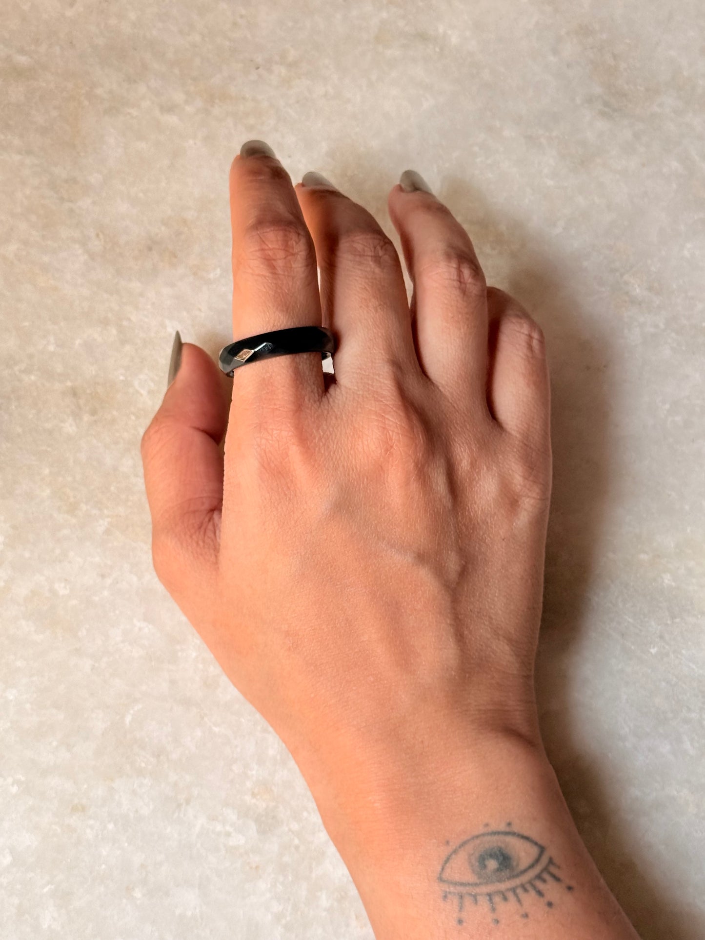Natural Crystal Faceted Black Agate Band Ring