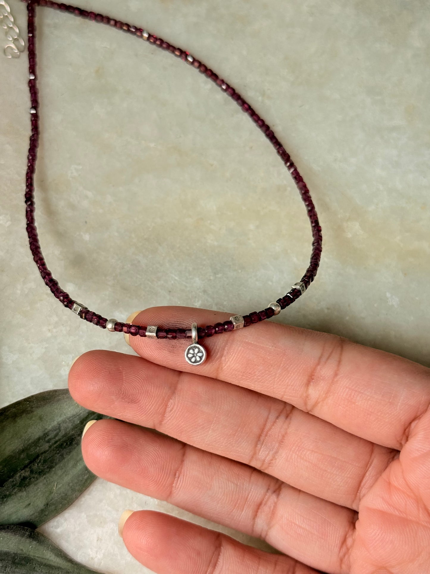 925 Sterling Silver Garnet Box 2mm Flower Charm Necklace