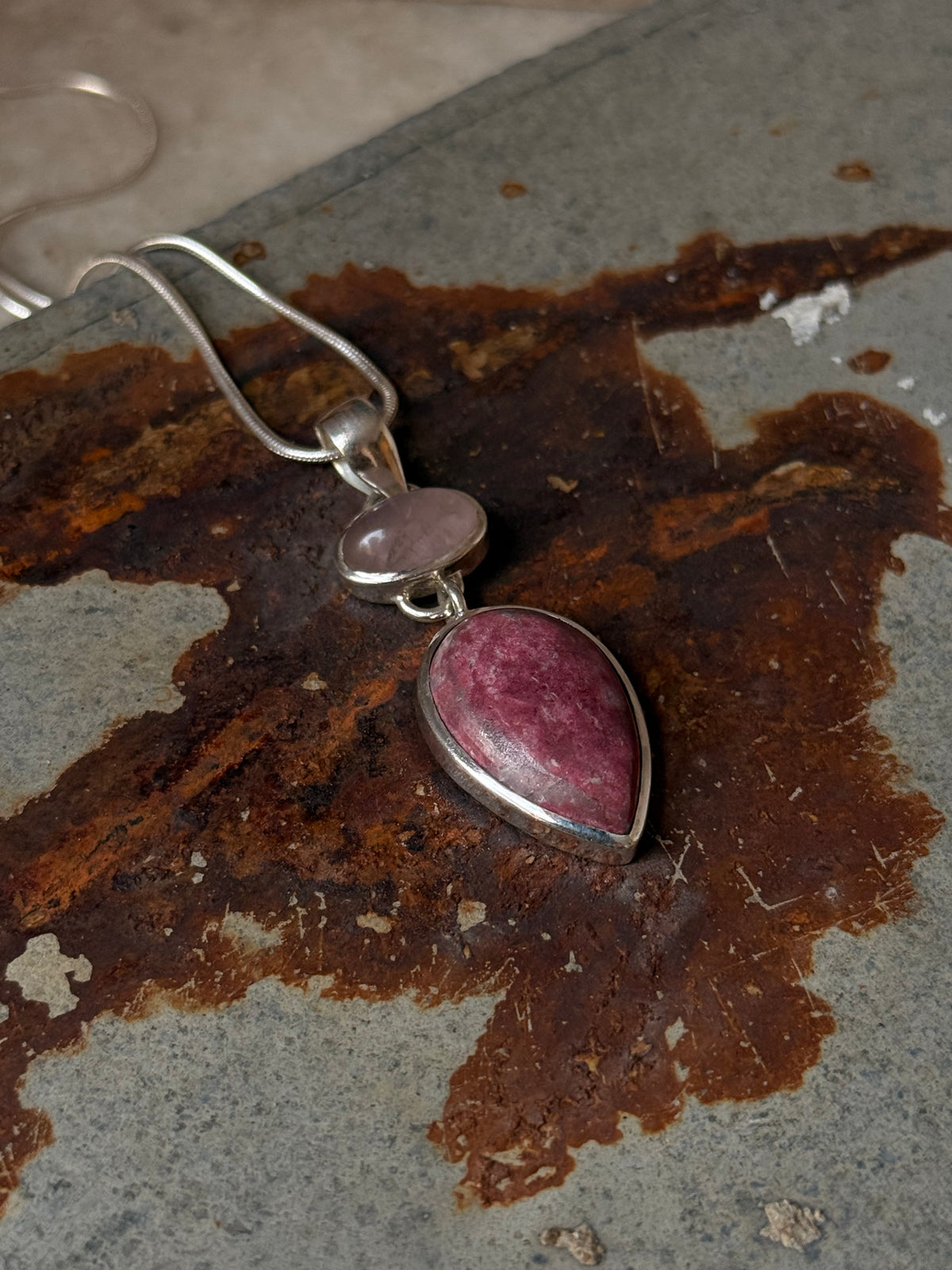 925 Sterling Silver Rose Quartz Oval, Rhodochrosite Pear Handcrafted One of a Kind Pendant