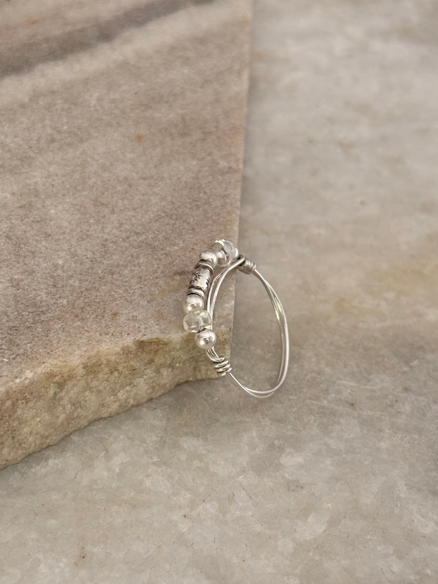 925 Sterling Silver Clear Quartz Sun Engraved Silver Bead Wire Wrapped Handcrafted Ring