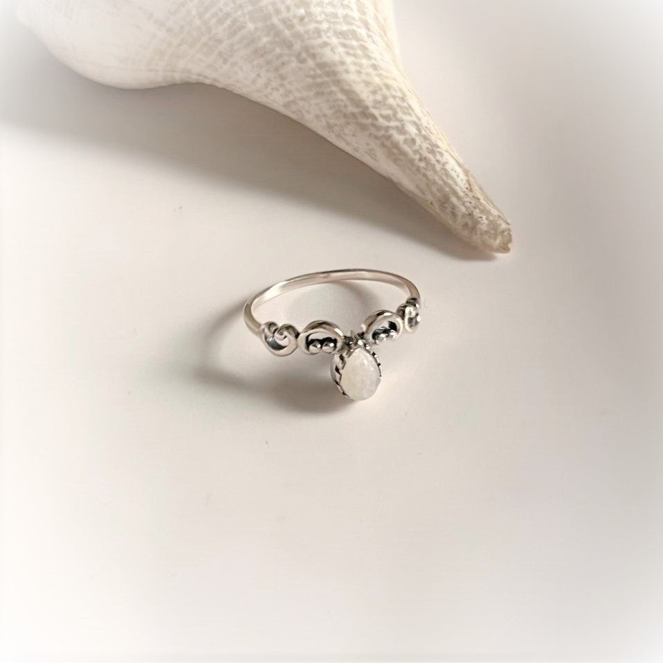 Handcrafted Moonstone Crown Pear Ring in Sterling Silver 925