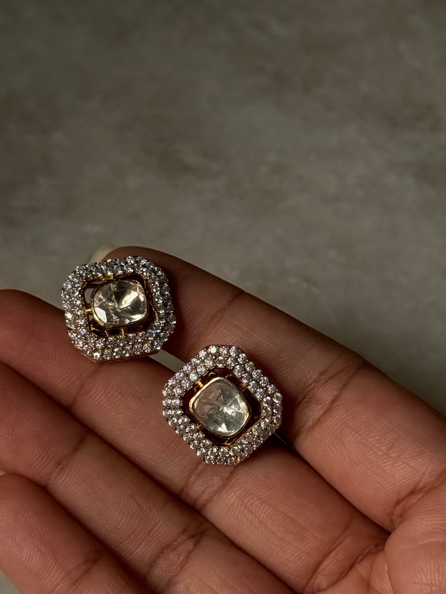 Antique Moissanite Polki Square Stud Earrings in 925 Sterling Silver with Gold Plating