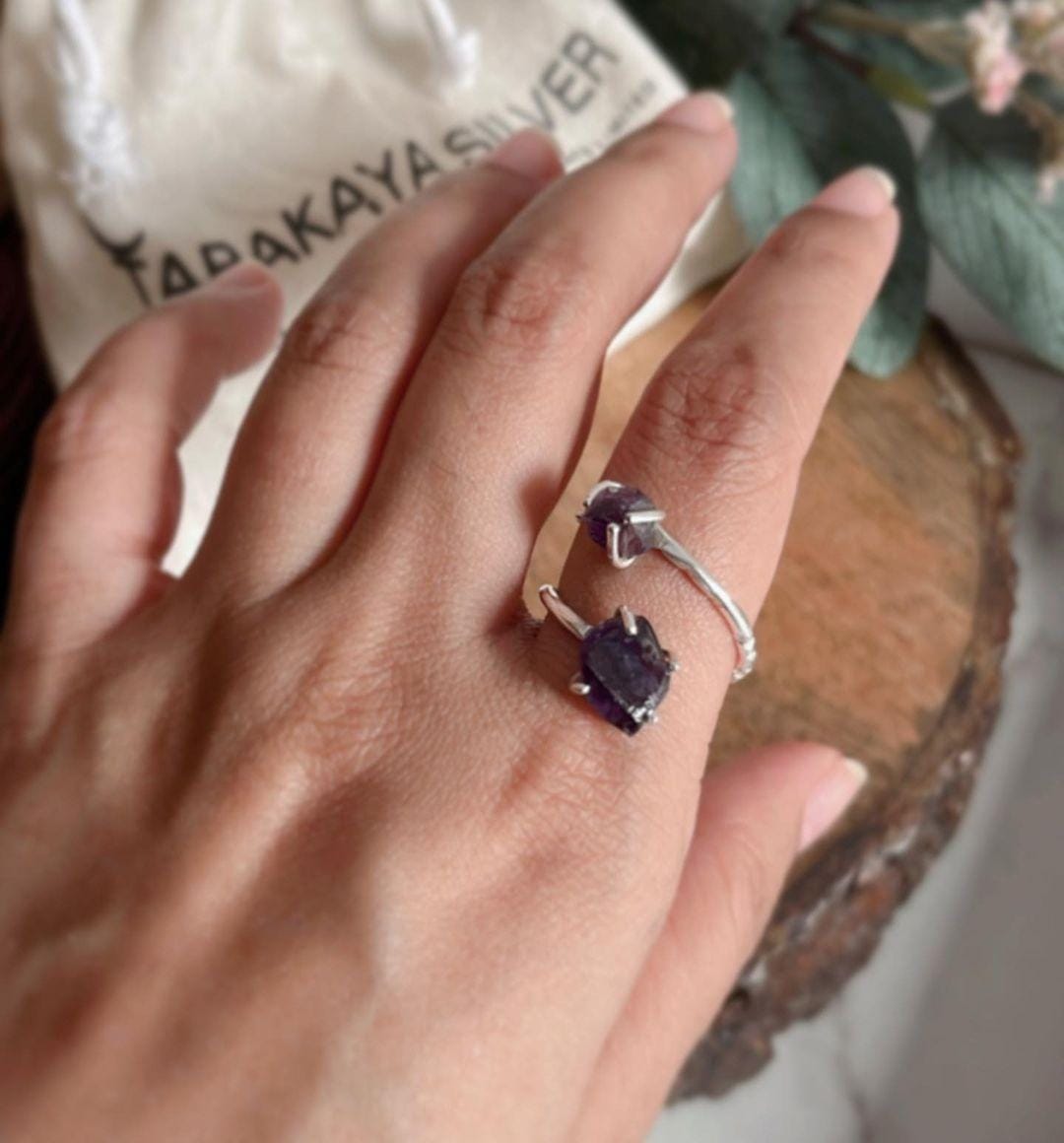 Silver Ring with Two Uncut Amethyst Crystals and Adjustable Band