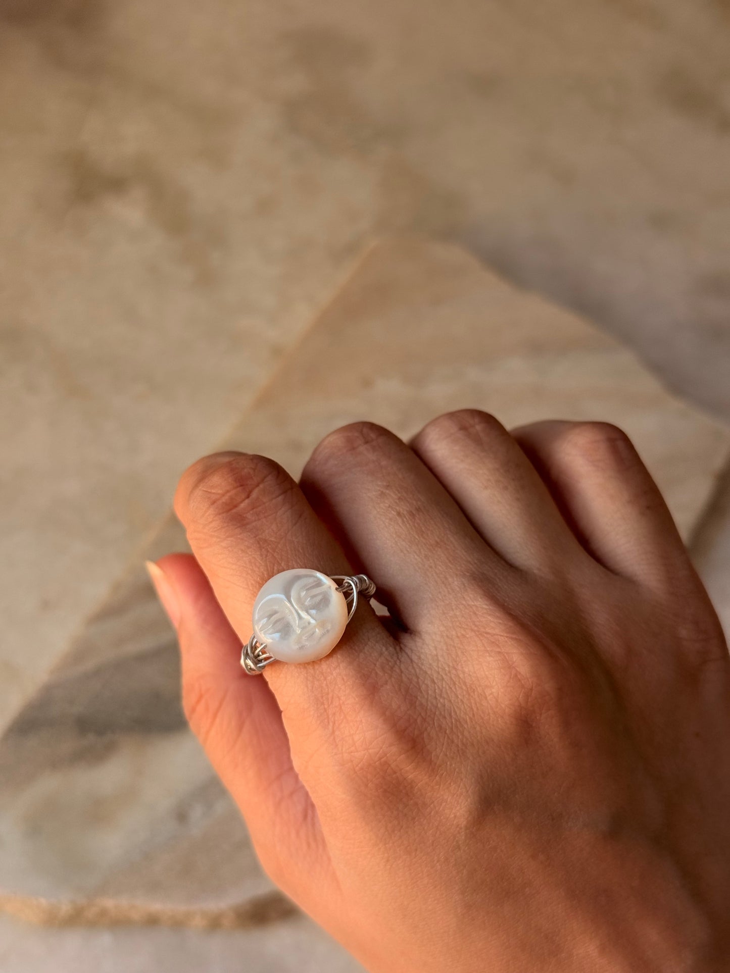 925 Sterling Silver Mother of Pearl Moon Face Wire Wrapped Handcrafted Ring