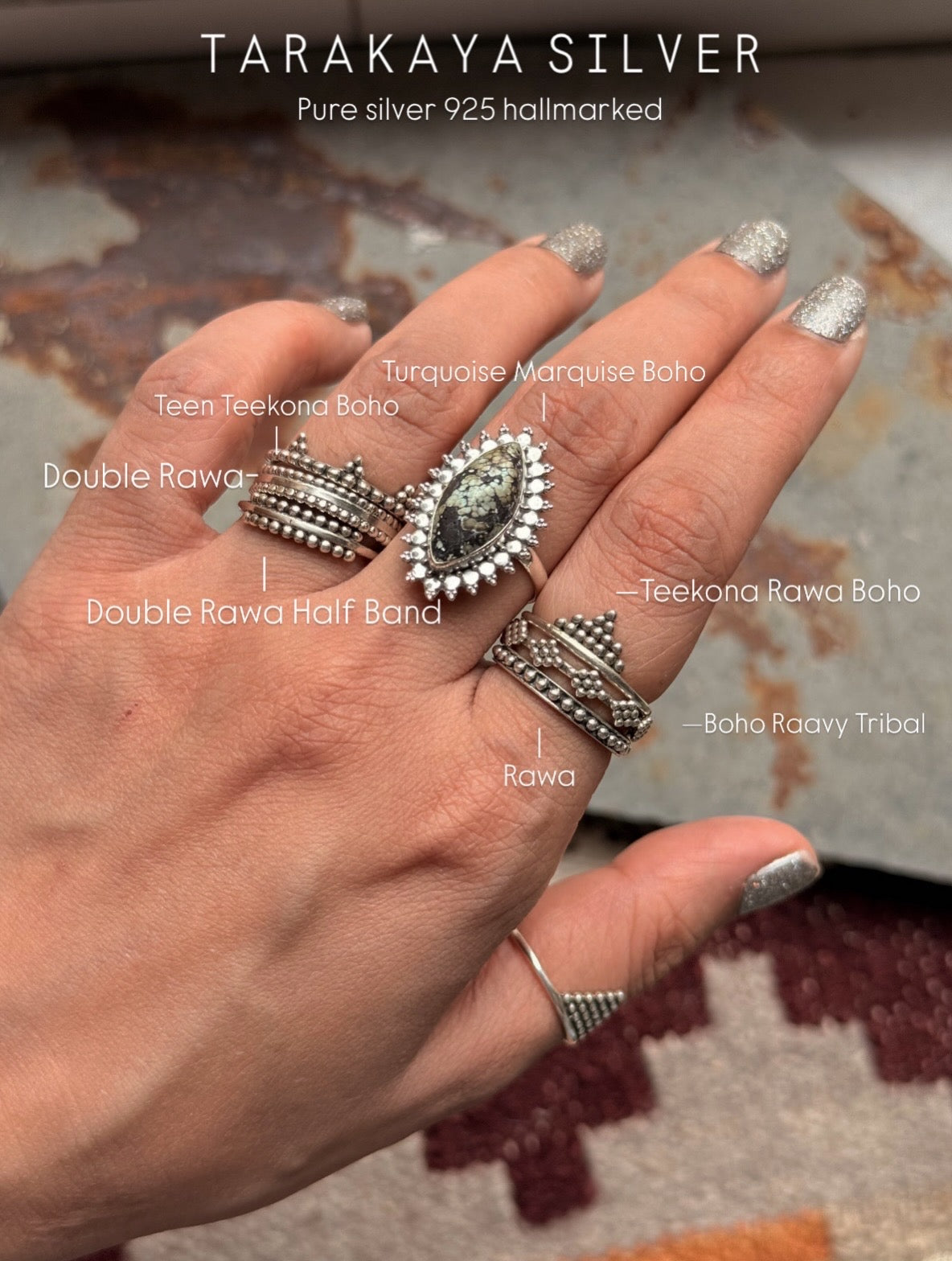 925 Sterling Silver Double Rawa Half Band Tribal Stack Ring