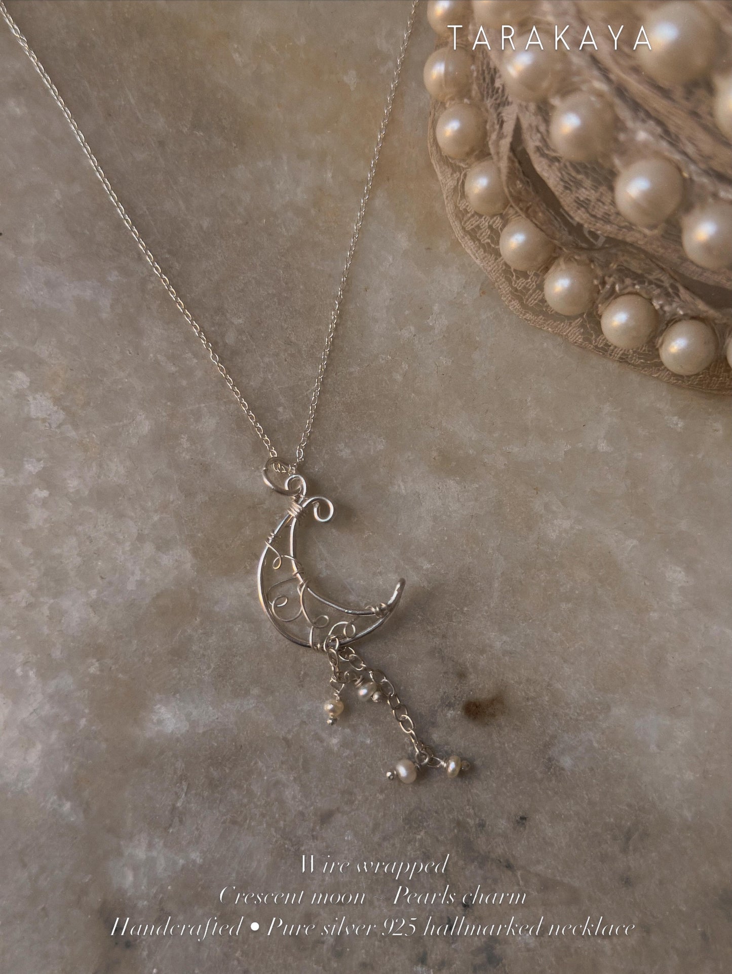 925 Sterling Silver Fresh Water Pearls Chain Moon Wire Wrapped Handcrafted Necklace