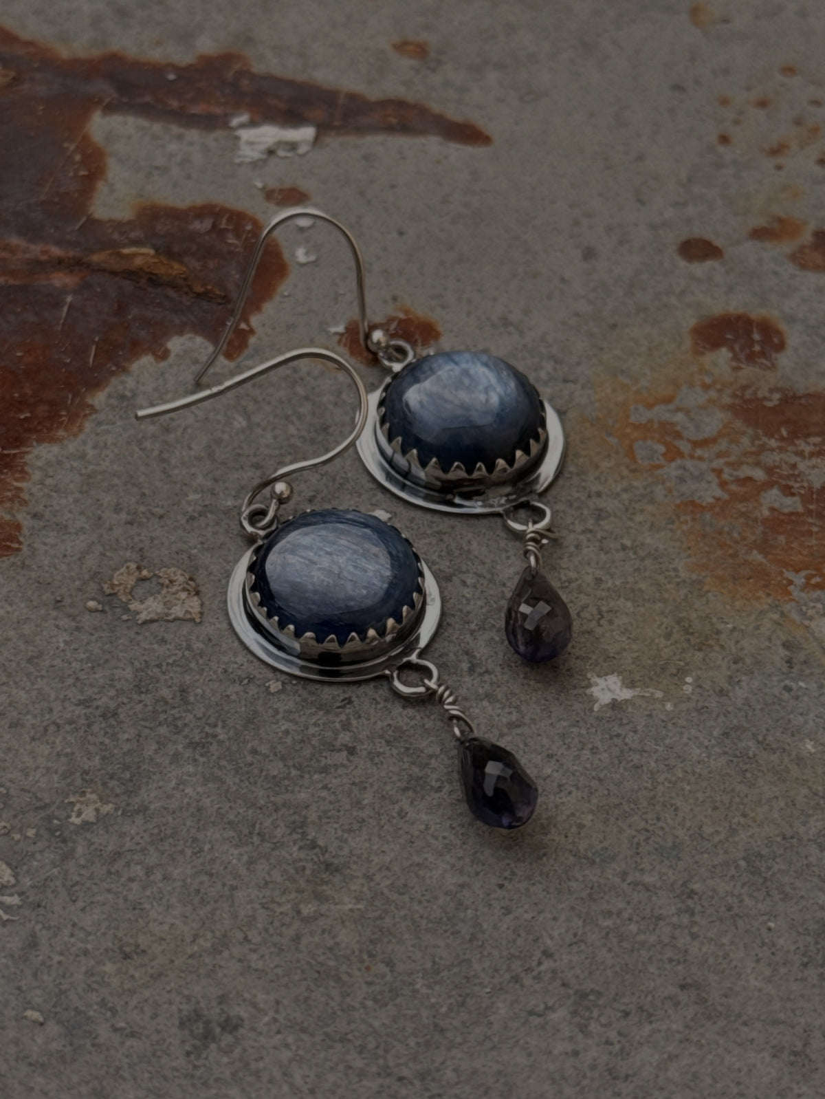 925 Sterling Silver Round Kyanite & Iolite Drop Gothic Rustic Hook