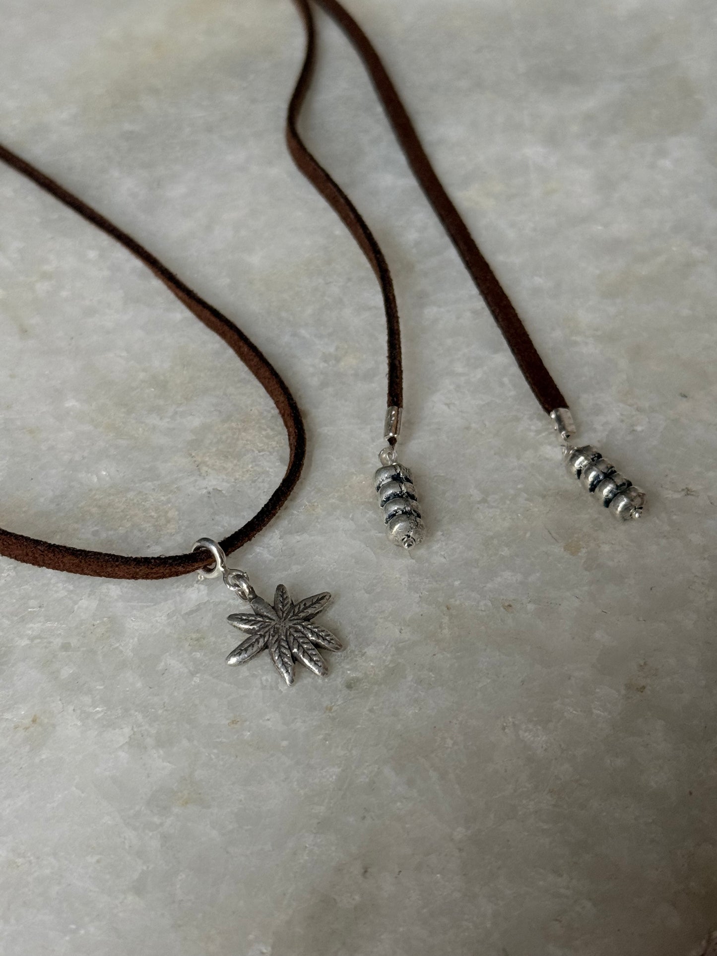 925 Sterling Silver Hemp Charm & Tribal Chunky Charm Tassel Leather Dark Brown Leather Cord Necklace