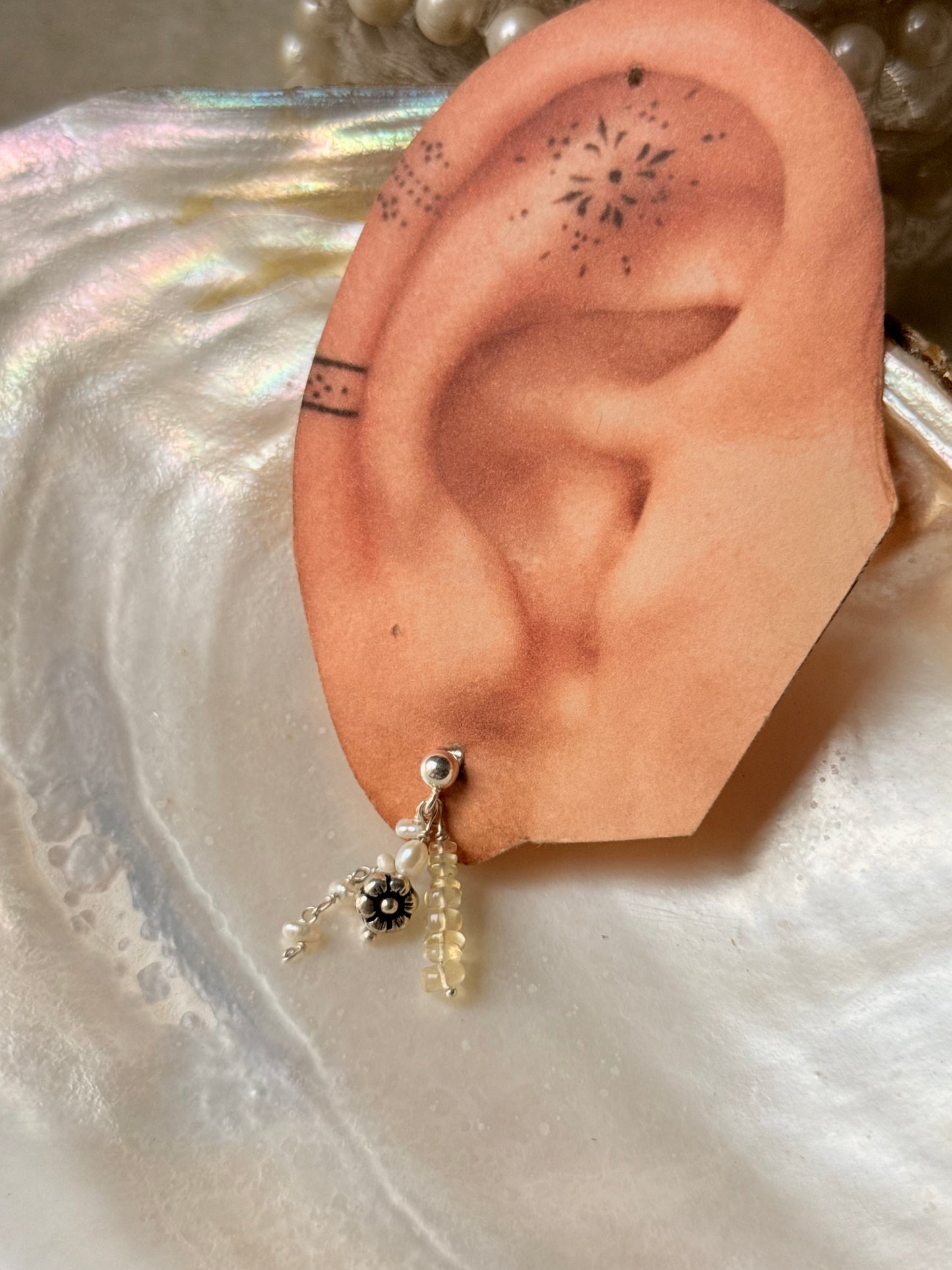 925 Sterling Silver Ethiopian Opals & Fresh Water Pearls Hand beaded , Floral Charm Handcrafted Studs Earrings