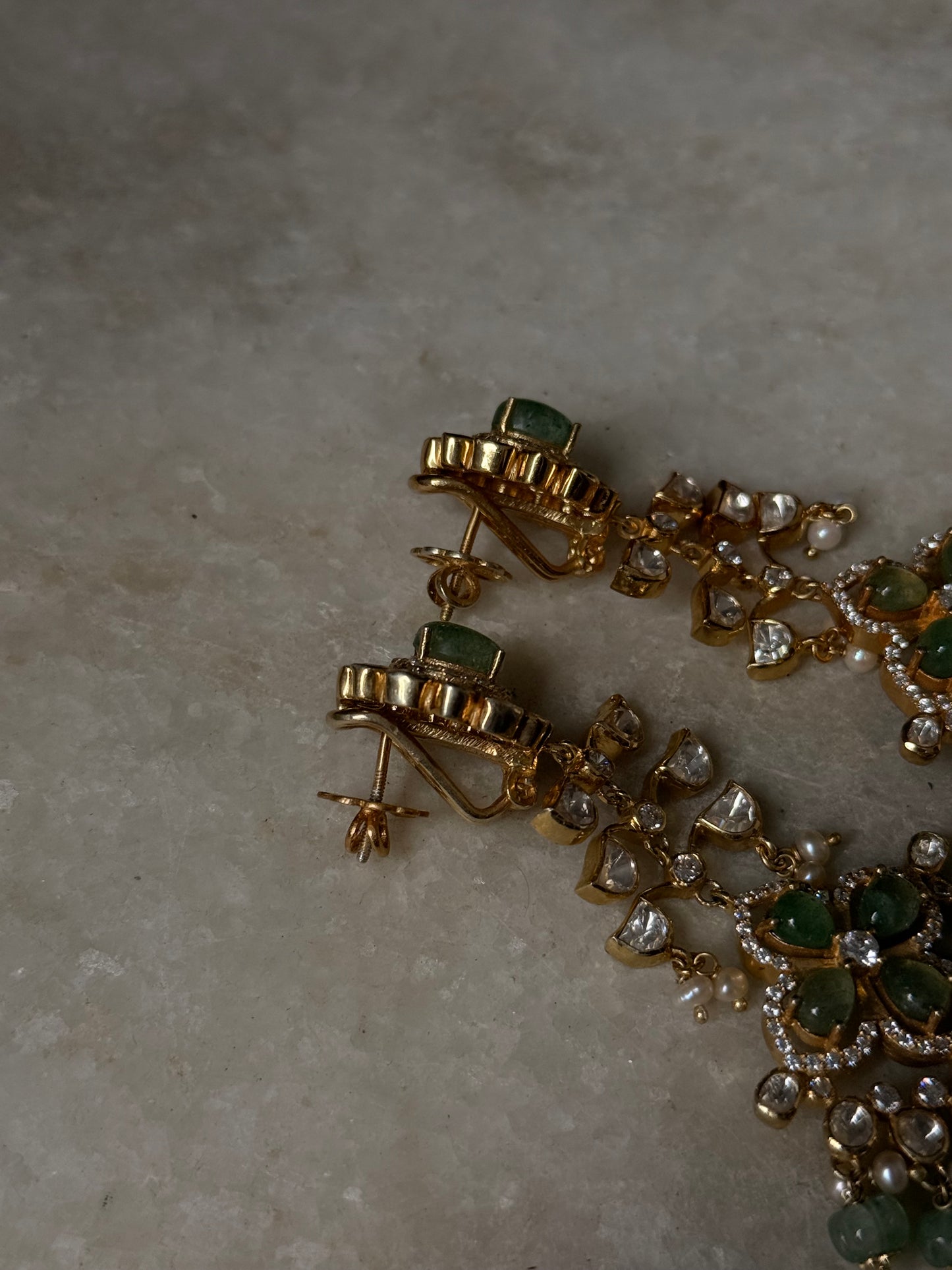 925 Sterling Silver Gold Plated Antique Moissanite Polki Green Onyx , Fresh Water Pearls Statement Earrings