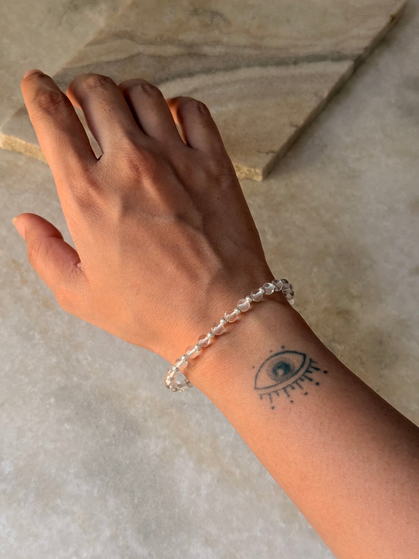 925 Sterling Silver Clear Quartz 4mm Silver Beads Bracelet- Beaded in Pure Silver 925 Wire