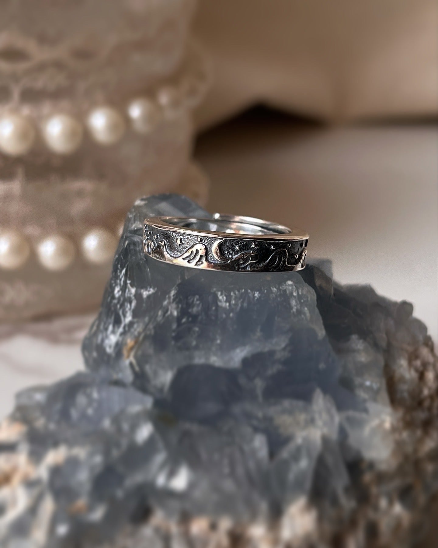 Celestial Jewelry Adjustable Silver Ring with Moon, Stars, and Ocean Waves