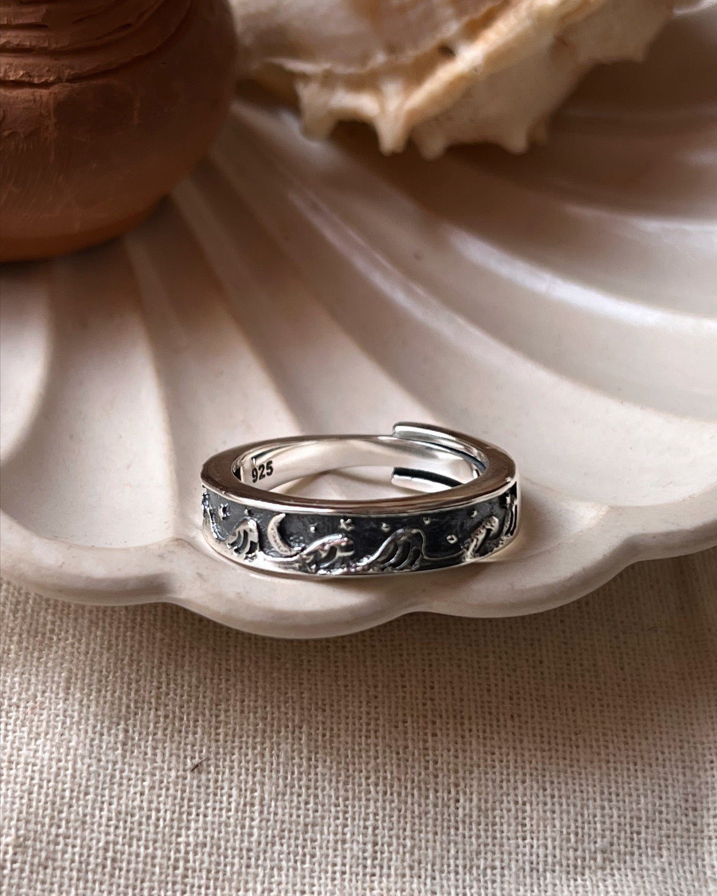 Adjustable Silver Ring with Ocean and Celestial Symbols of Moon, Waves, and Stars