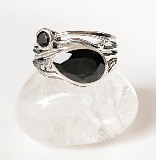Black Onyx Pear Cut Rustic Statement Silver Ring