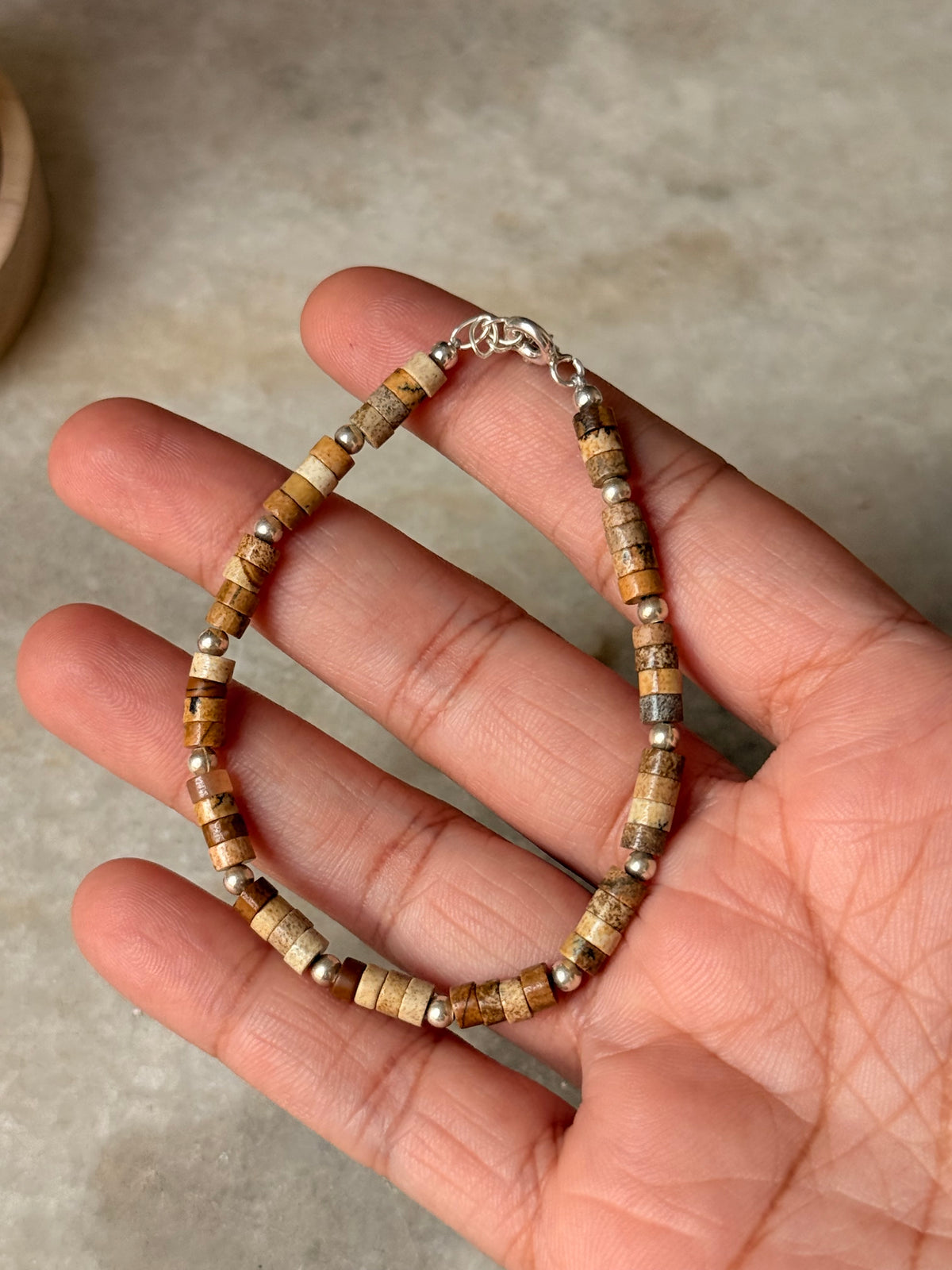 925 Sterling Silver Picture Jasper Flat Tube Crystal Silver Balls Bracelet