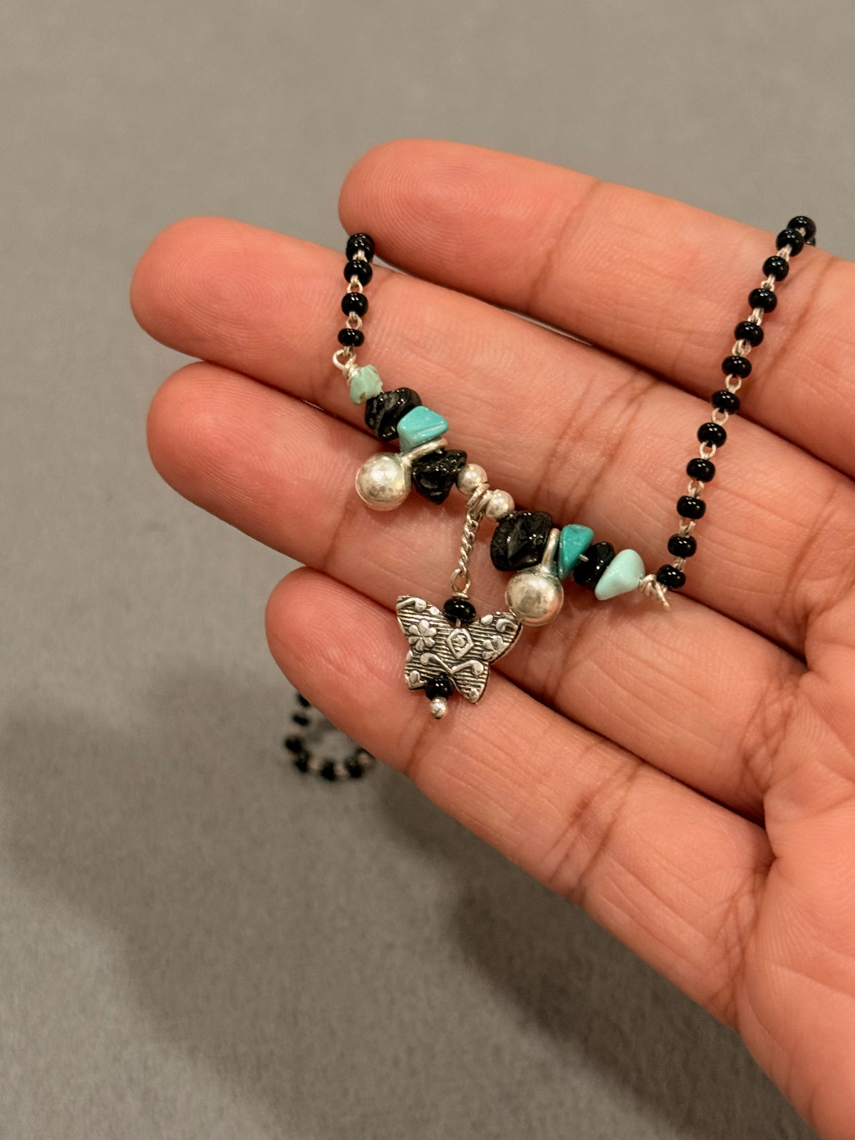 925 Sterling Silver Black Tourmaline chips & Turquoise Butterfly Handcrafted One of a Kind Boho Style Mangalsutra