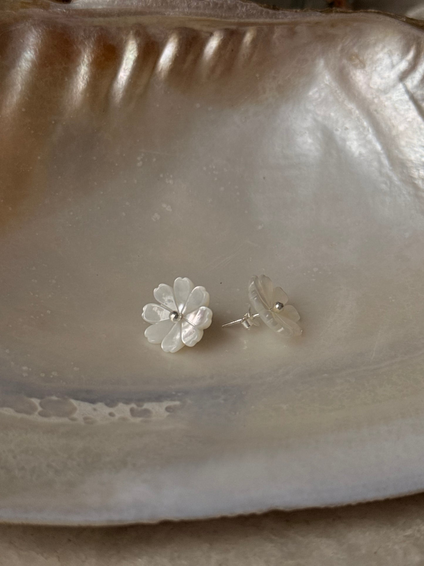 925 Sterling Silver Mother of Pearl Flower Carved - 2mm Tiny Studs- 2 in 1