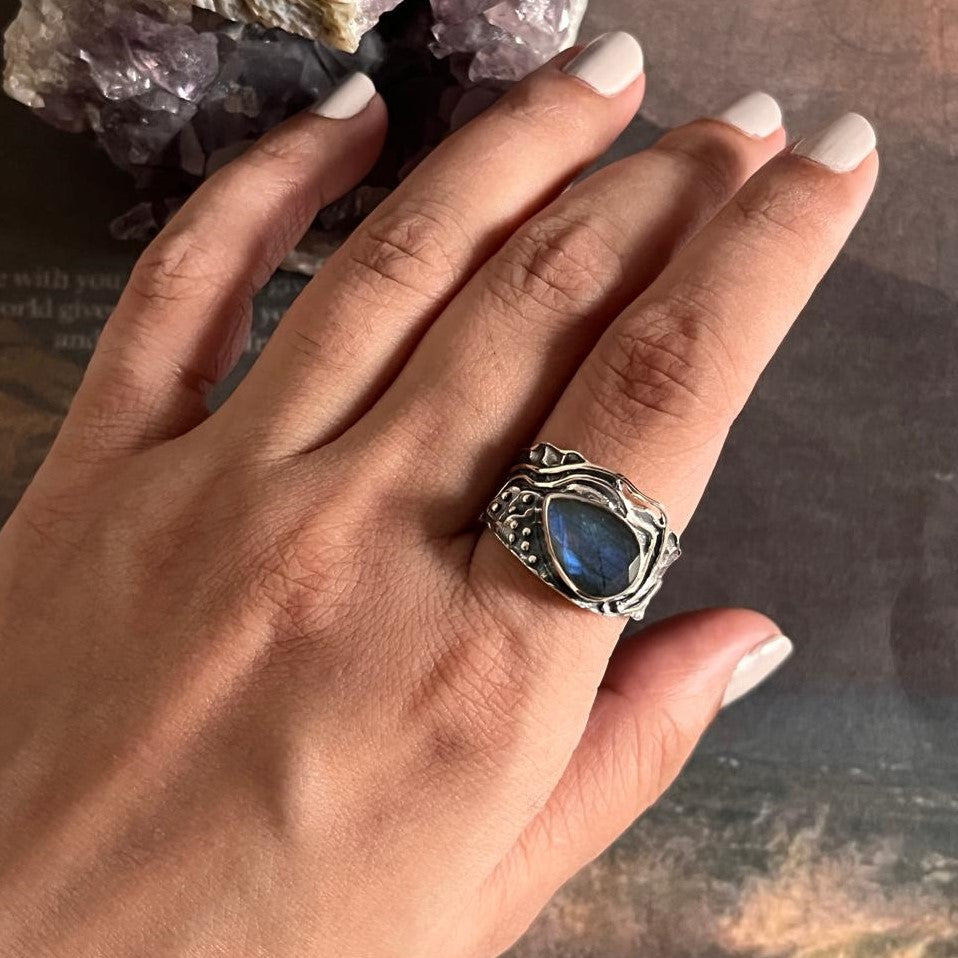 Handcrafted Labradorite Pear Ring in Rustic Silver