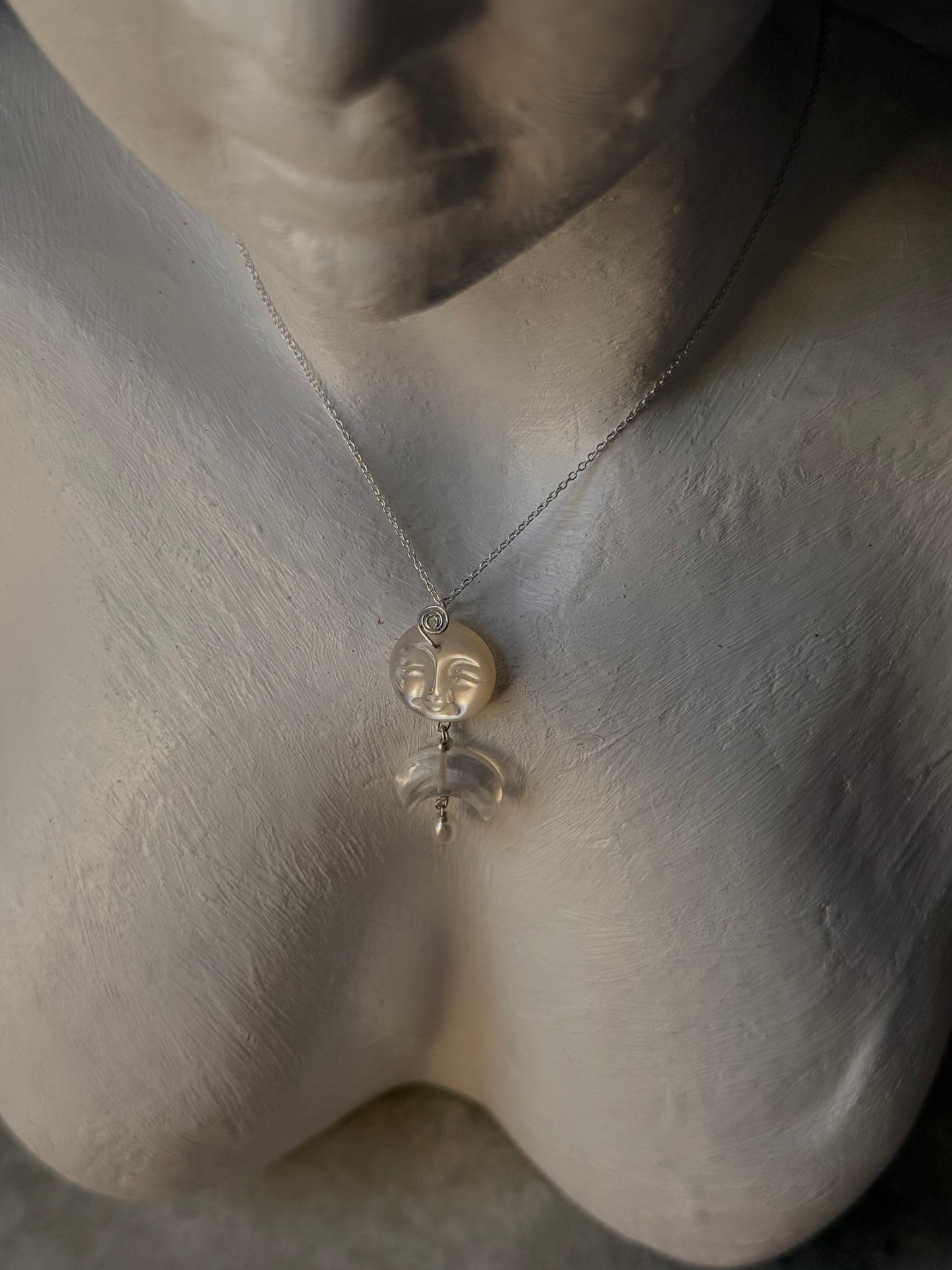 925 Sterling Silver Mother of Pearl Full Moon Face Spiral Carved, Clear Quartz Moon Handcrafted Necklace