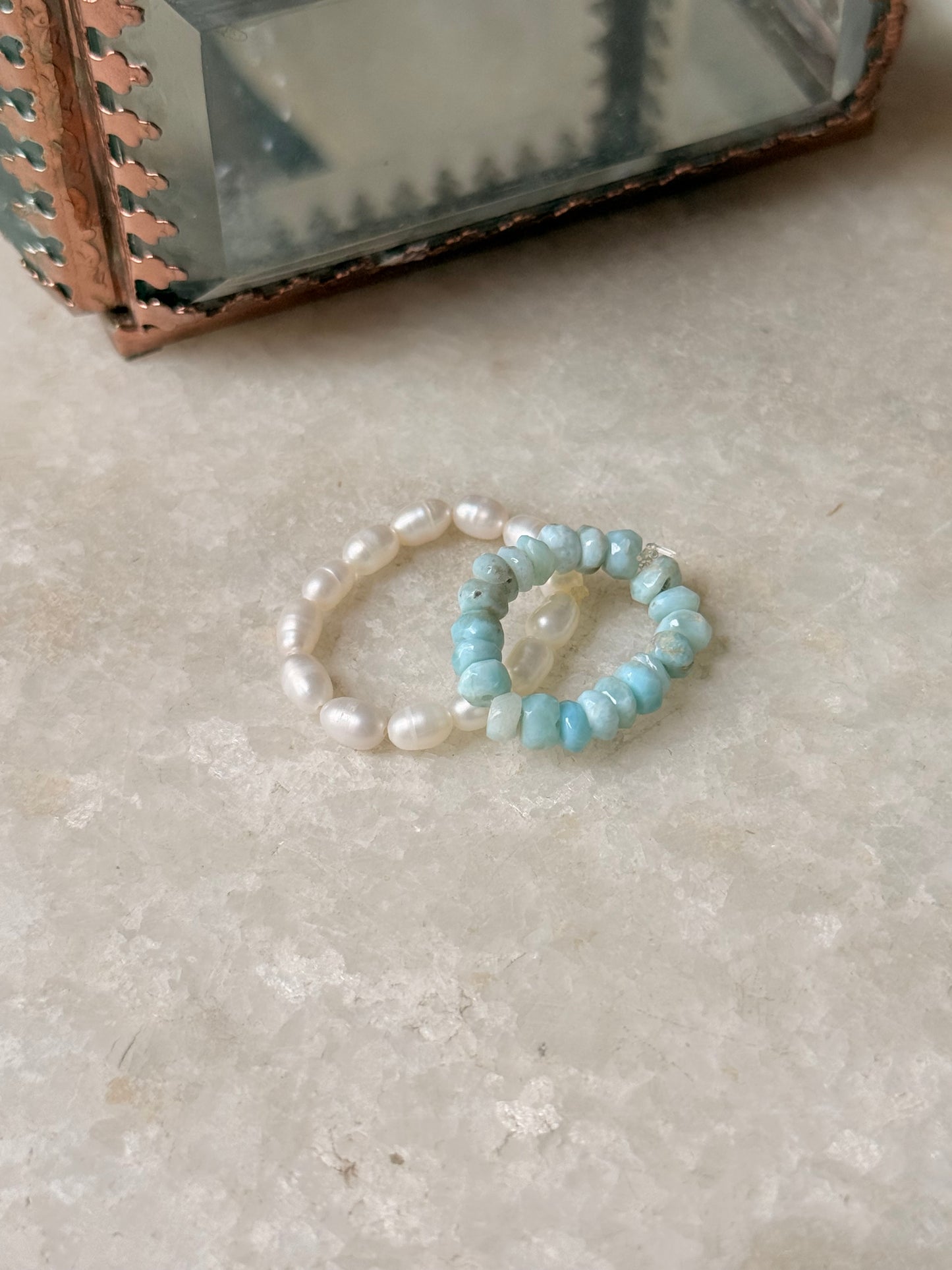 Natural Crystal Stretchy Larimar 3-4mm & Fresh Water Pearl Rings