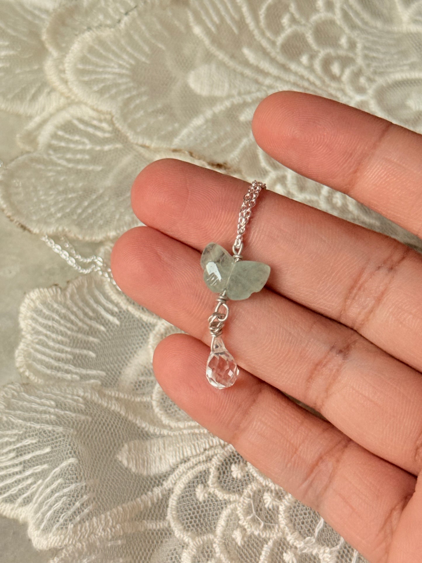 925 Sterling Silver Aquamarine Butterfly, Clear Quartz Drop Handcrafted Necklace