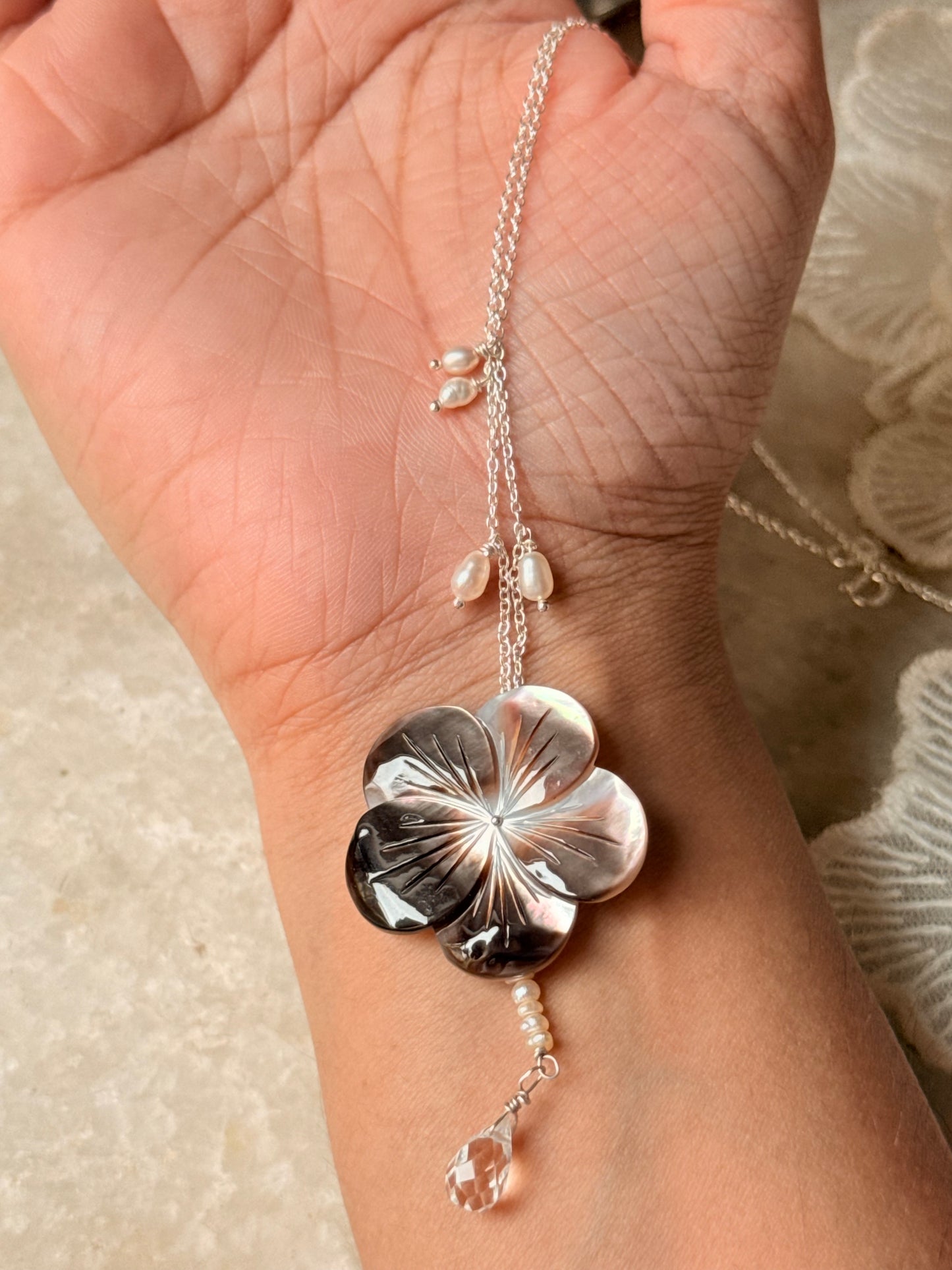 925 Sterling Silver Brown Mother Of Pearl Flower Carved , Fresh Water Pearls Charms & Clear Quartz Drop Handcrafted Dainty Necklace