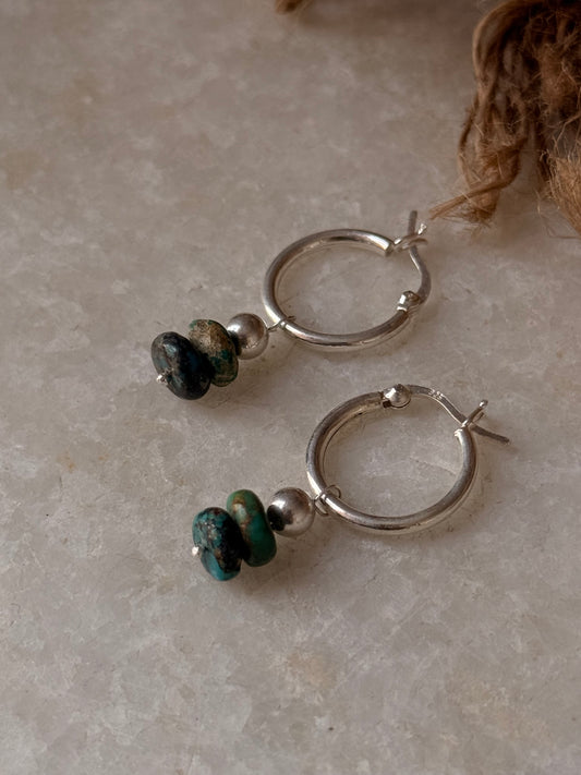 925 Sterling Silver Kingsman Turquoise With Silver Balls Tribal Handcrafted Italian Hoops