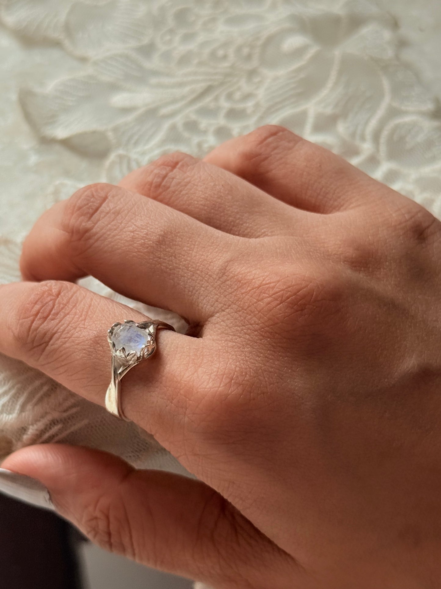 925 Sterling Silver Moonstone Solitaire ~Forest Enchantment Ring