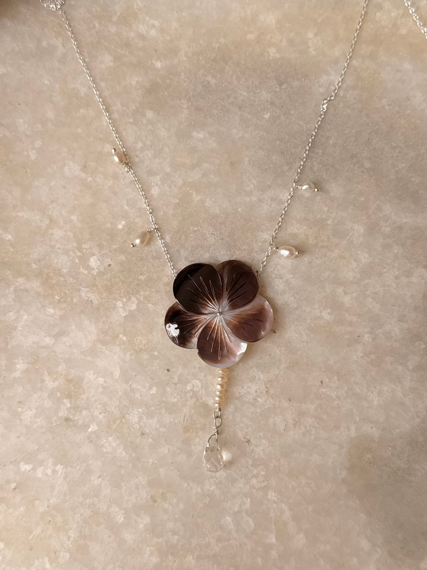 925 Sterling Silver Brown Mother Of Pearl Flower Carved , Fresh Water Pearls Charms & Clear Quartz Drop Handcrafted Dainty Necklace