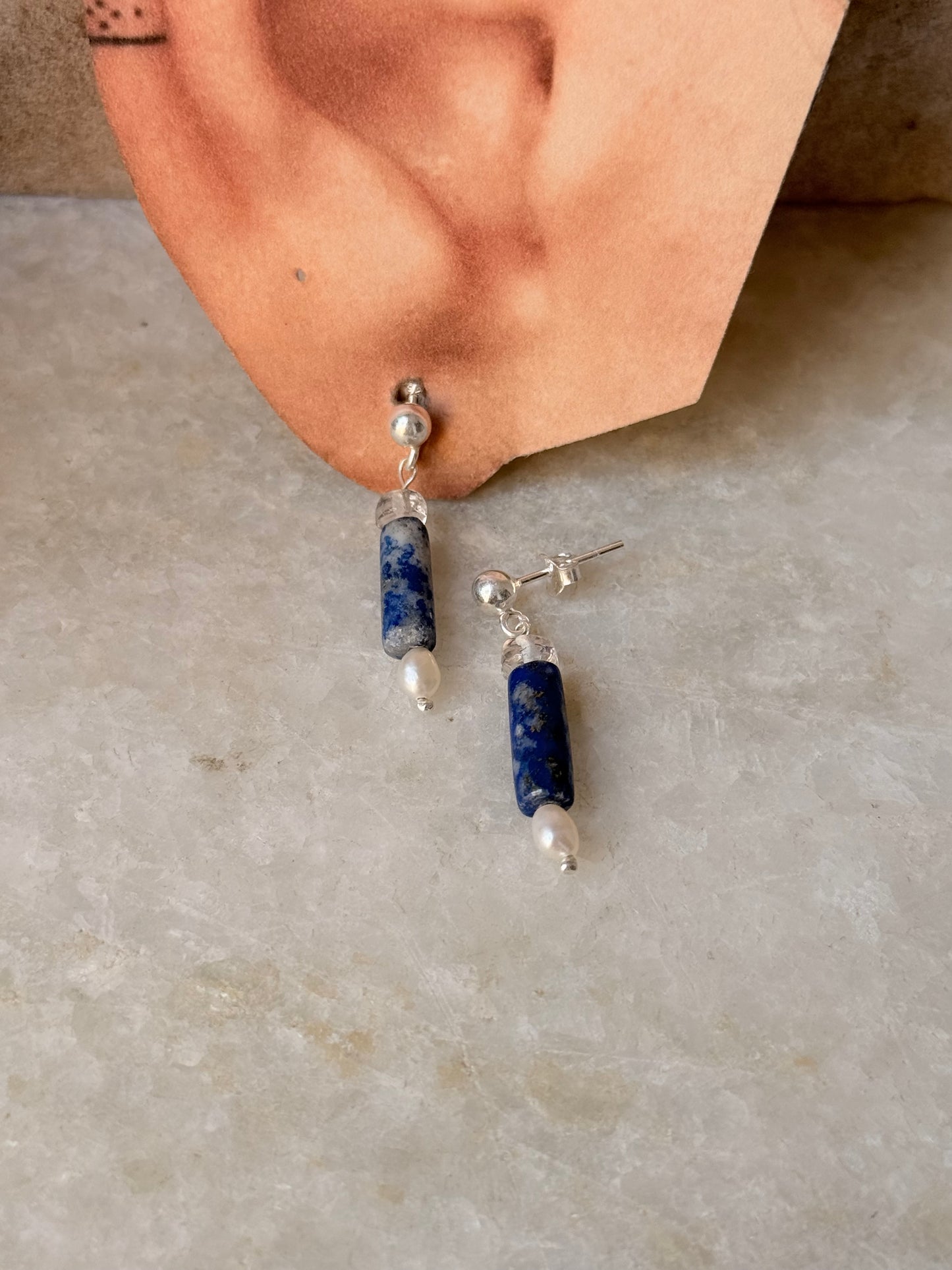 925 Sterling Silver Lapis Lazuli, Clear Quartz & Pearl Studs Earrings