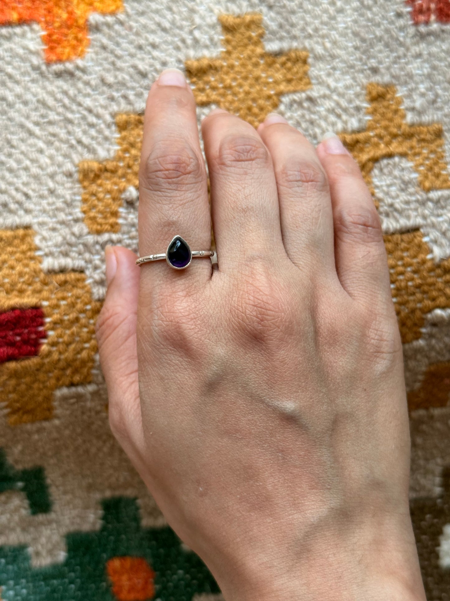 Amethyst Pear Tribal Engraved Adjustable 925 Sterling Silver Ring