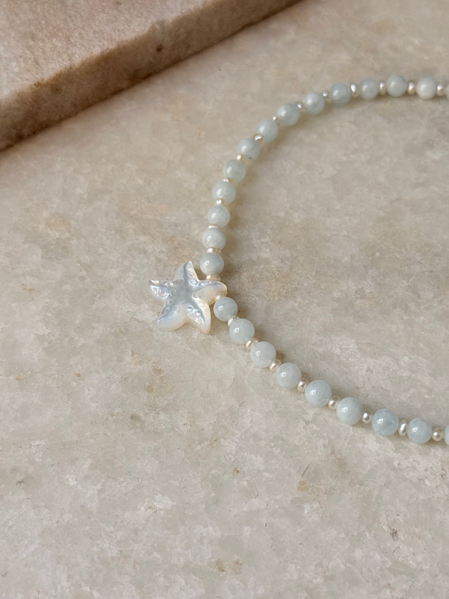Natural Aquamarine, Shiny Pearls & Mother of Pearl Starfish 925 Sterling Silver Necklace