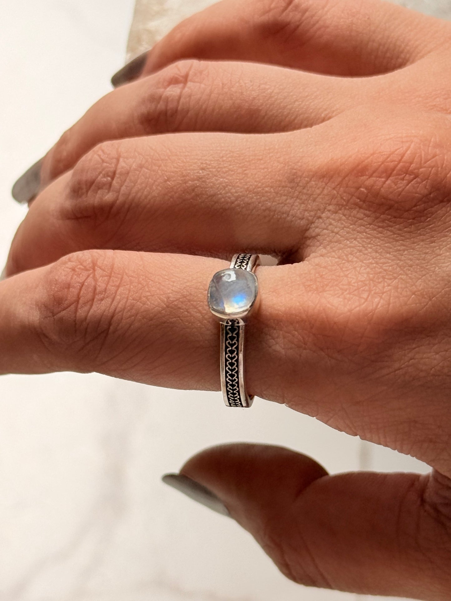 925 Sterling Silver Rainbow Moonstone Square Heart Band Ring