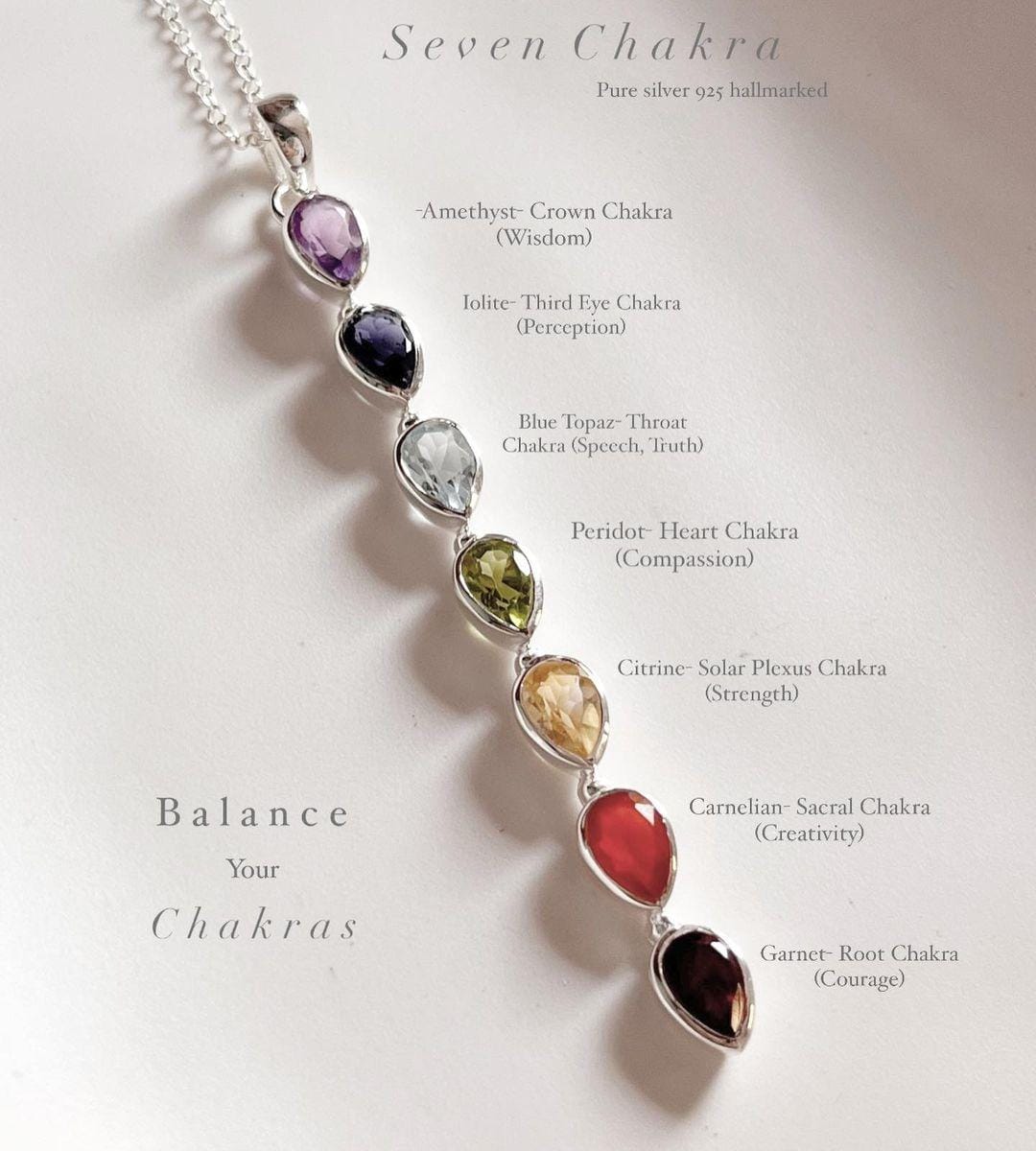 Sterling silver pendant with pear cut seven chakra gemstones