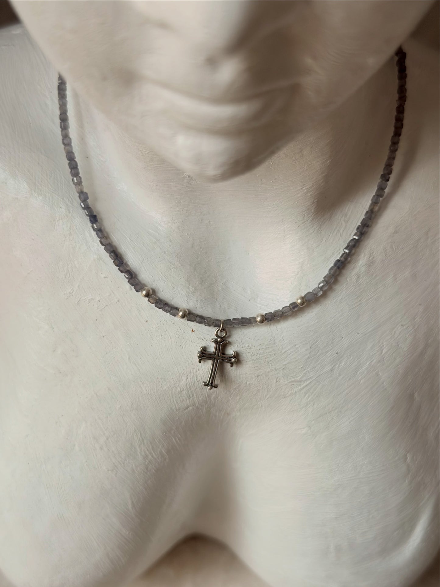925 Sterling Silver Iolite Box 2mm Vintage Cross Charm Handcrafted Necklace