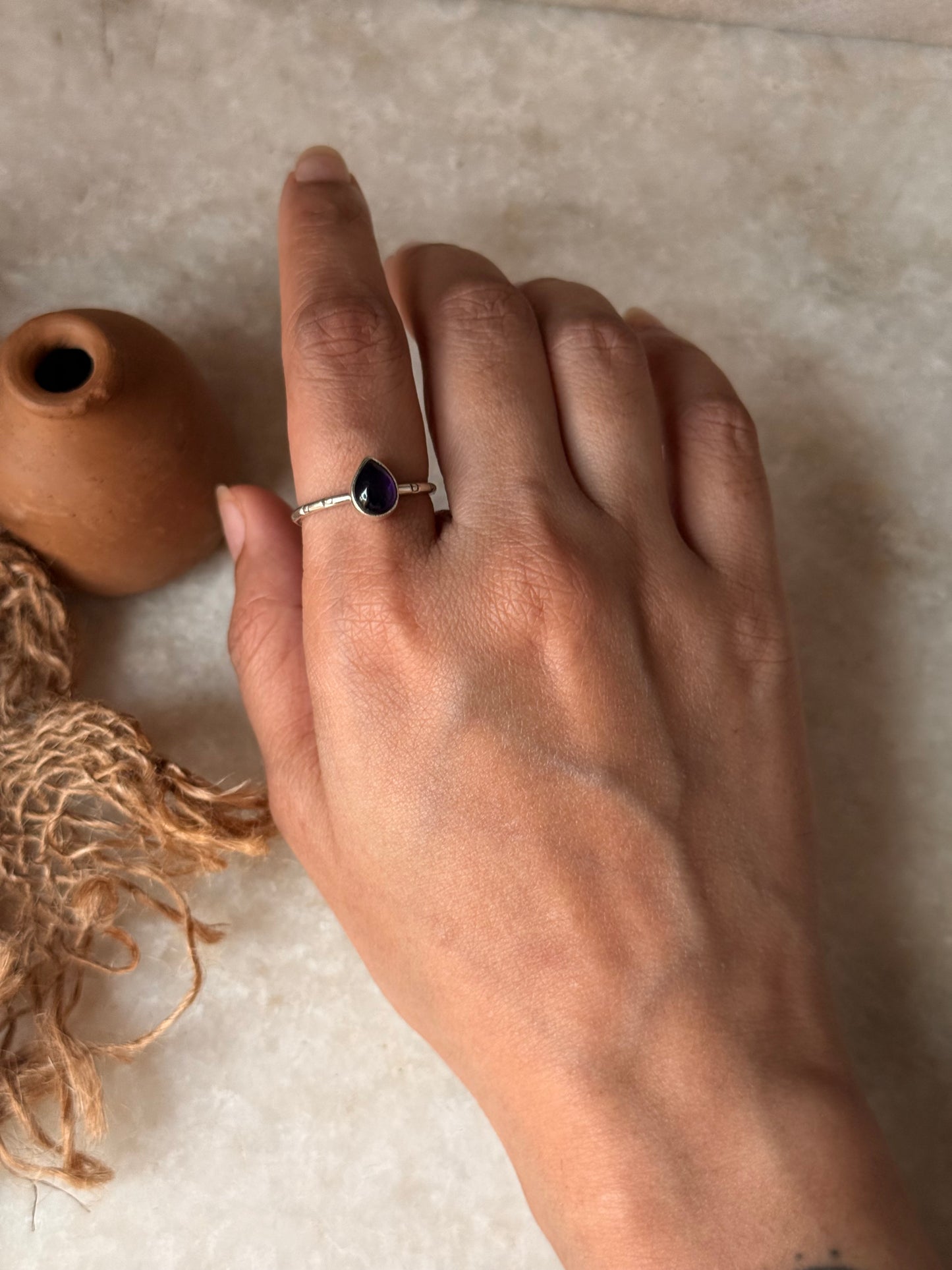 Amethyst Pear Tribal Engraved Adjustable 925 Sterling Silver Ring