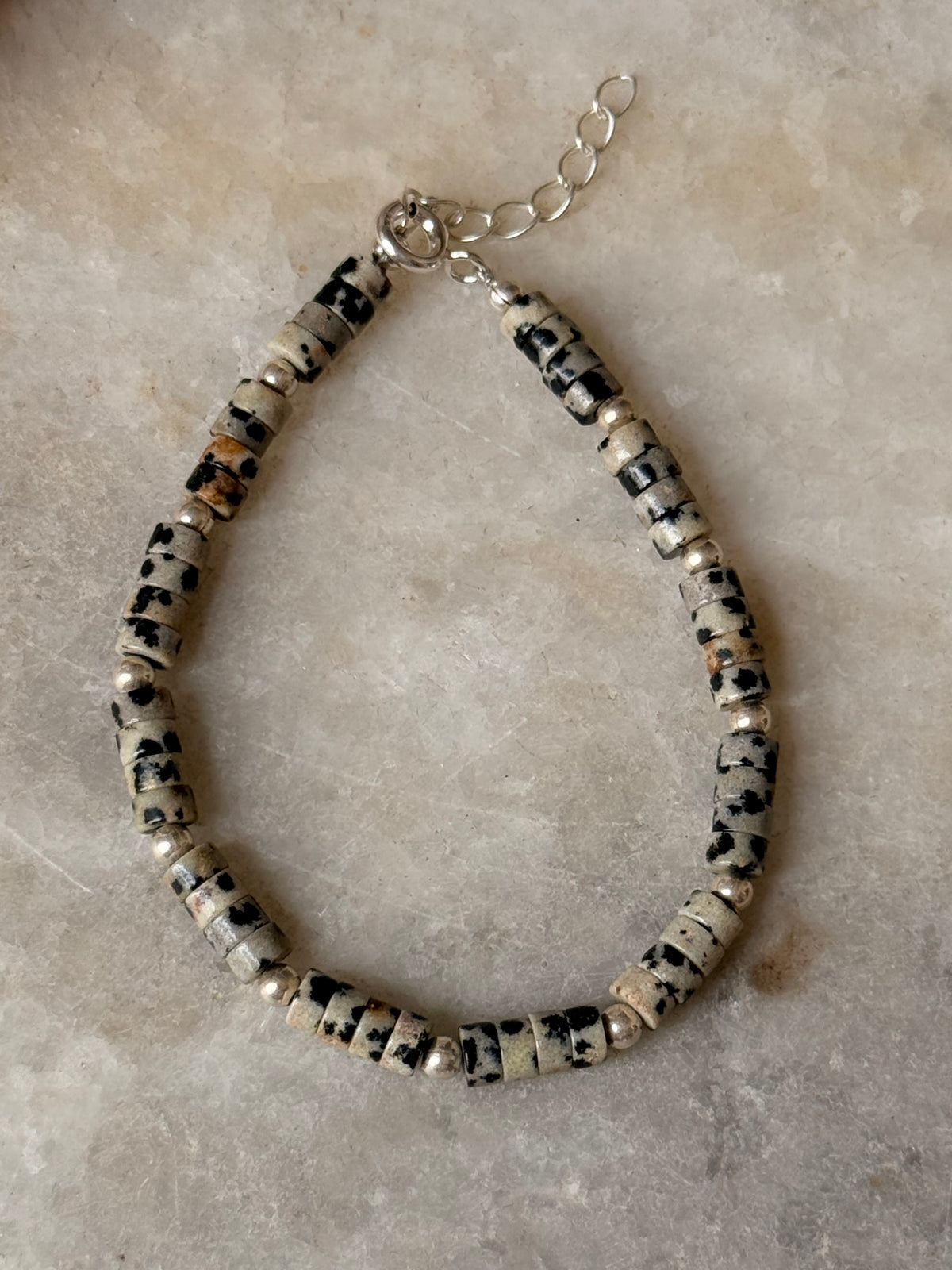 925 Sterling Silver Dalmatian Jasper Flat Tube Crystal Silver Balls Bracelet