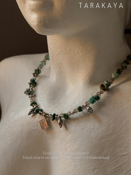 925 Sterling Silver Turquoise & Smokey Quartz Tribal Necklace