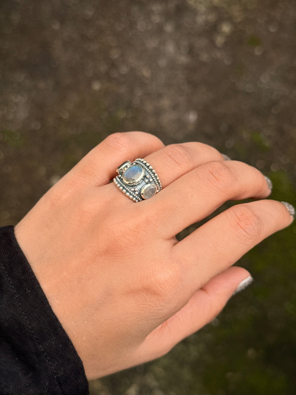 925 Sterling Silver Labradorite 3 Stones Boho Statement Stackable Ring