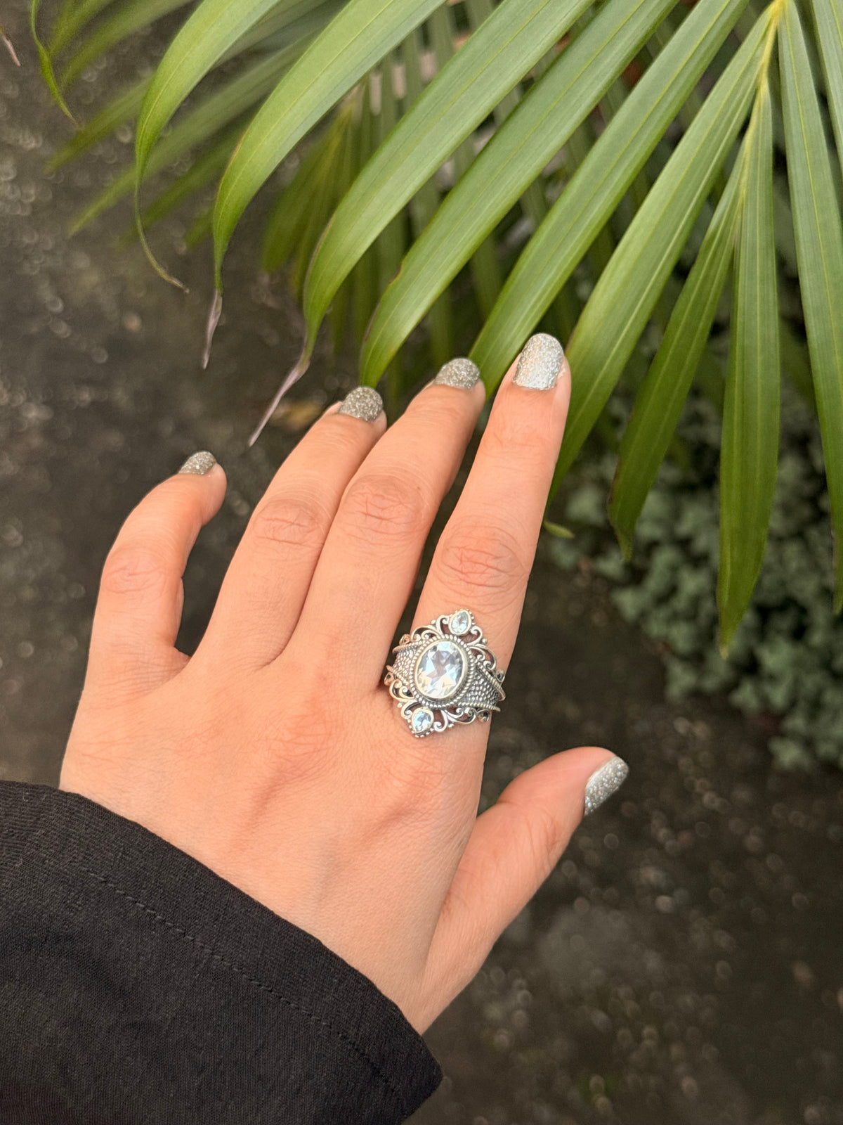 925 Sterling Silver Clear Quartz Blue Topaz Vintage Style Statement Ring