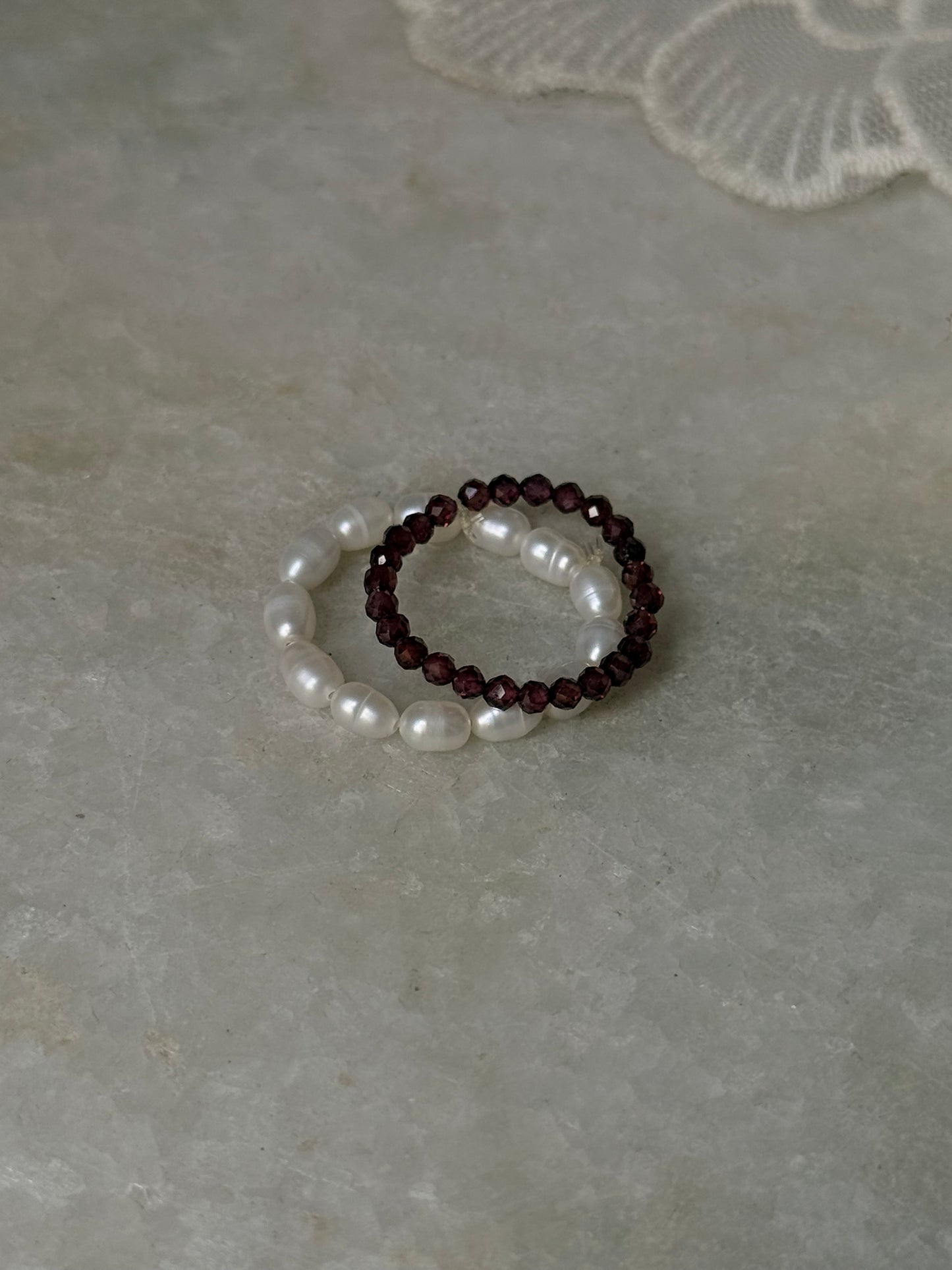 Natural Crystal Stretchy Fresh Water Pearl & Garnet Rings