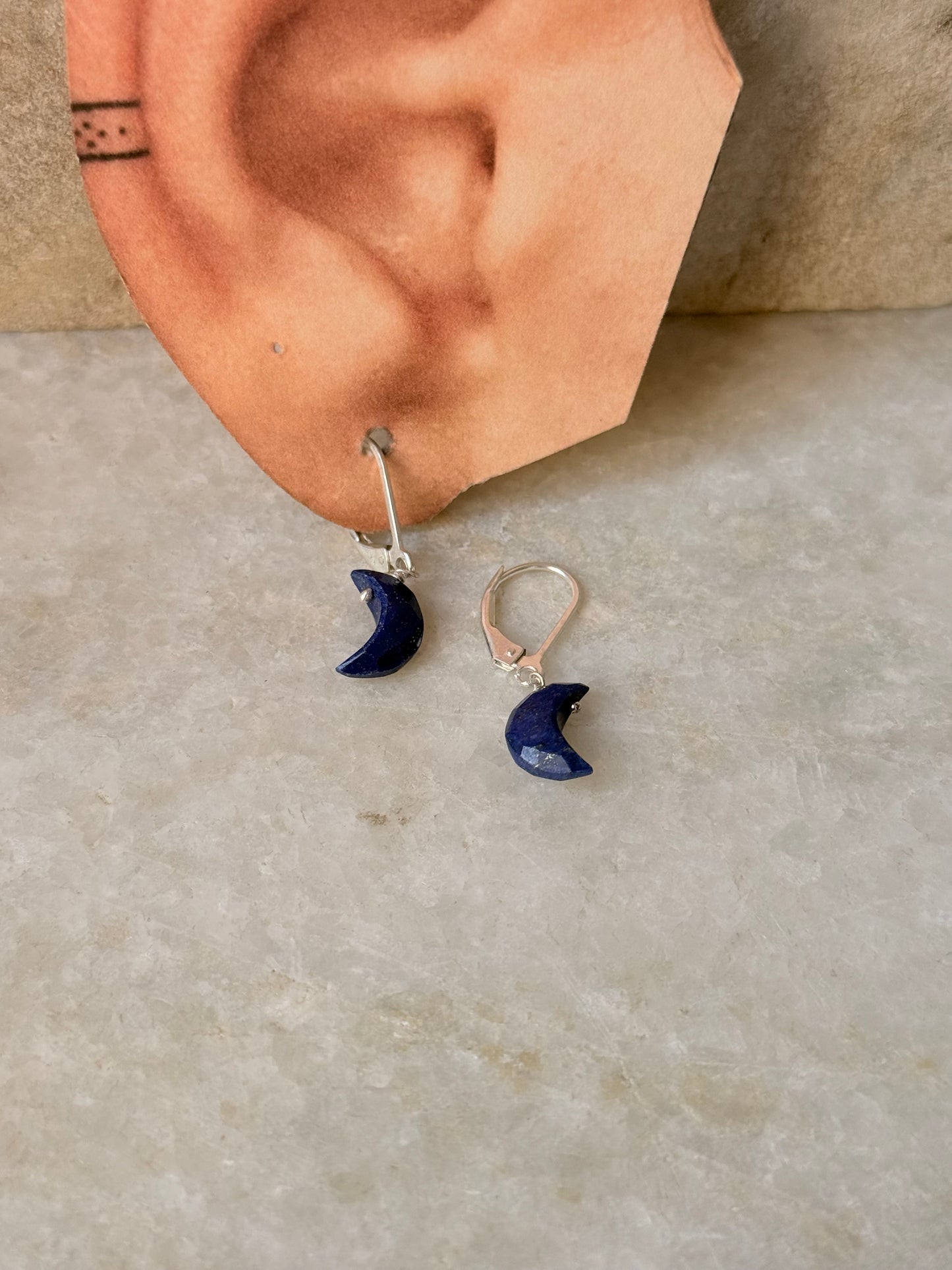 925 Sterling Silver Lapis Lazuli Moon Lever Back Earrings