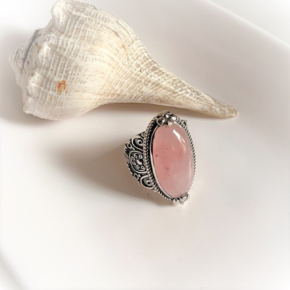 Silver Boho Oval Ring Featuring Rose Quartz Statement Stone