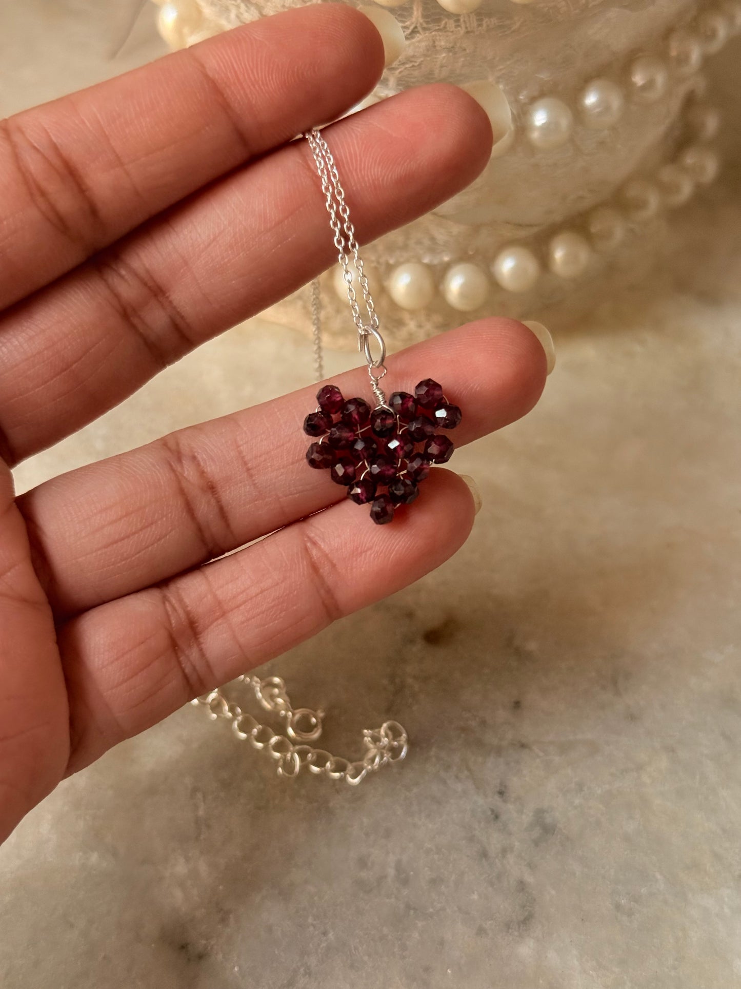 925 Sterling Silver Garnet Heart Beaded Wire Wrapped Handcrafted Love Necklace