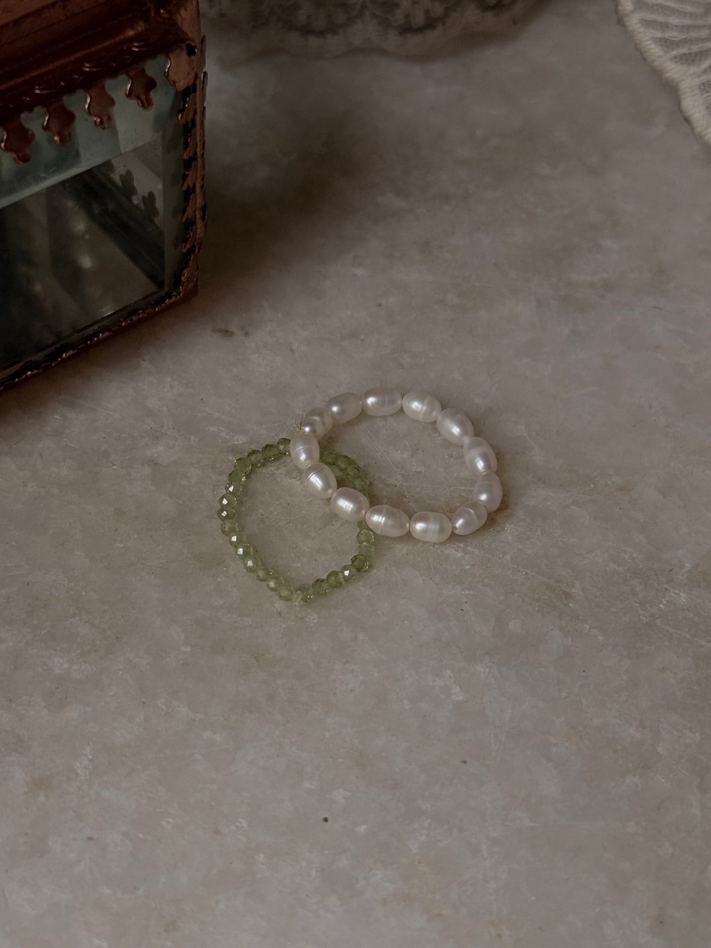 Natural Crystal Stretchy Fresh Water Pearl & Peridot Rings