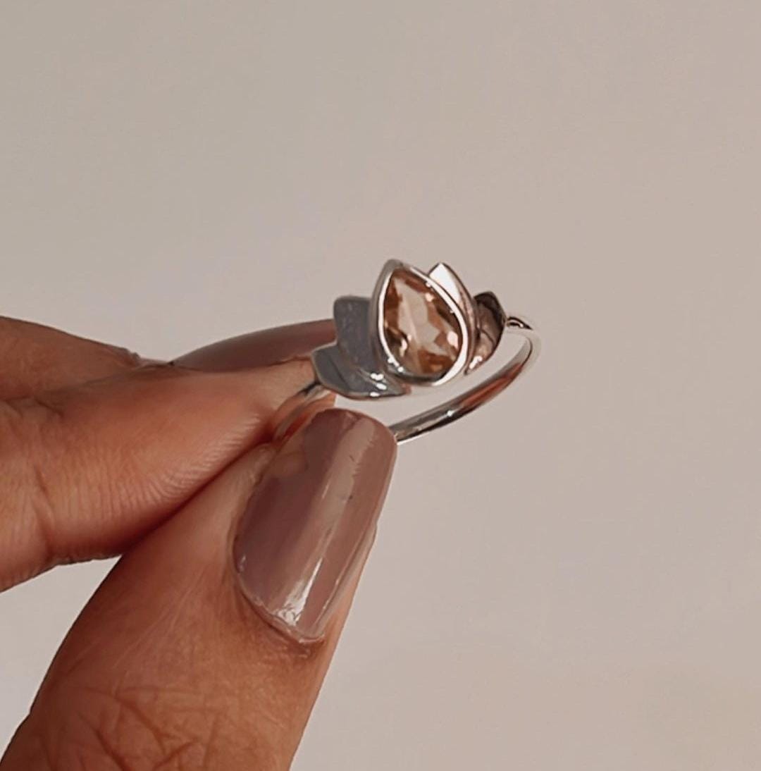 Handcrafted silver ring with citrine stone and divine lotus motif