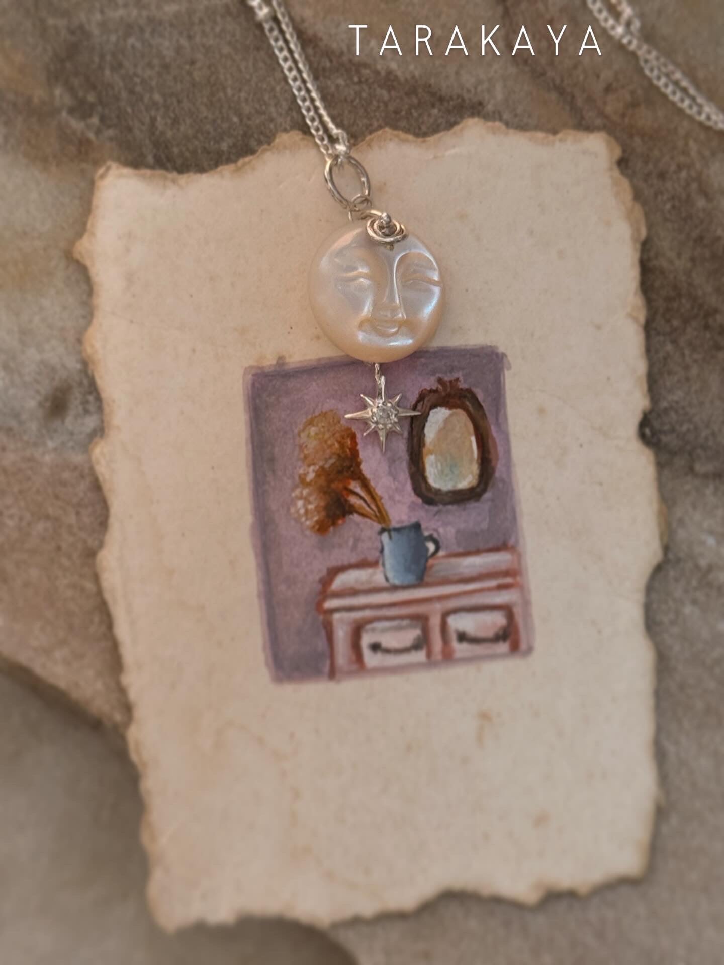 925 Sterling Silver Mother of Pearl Full Moon Face Carved White Topaz North Star Cable Dot Handcrafted Necklace