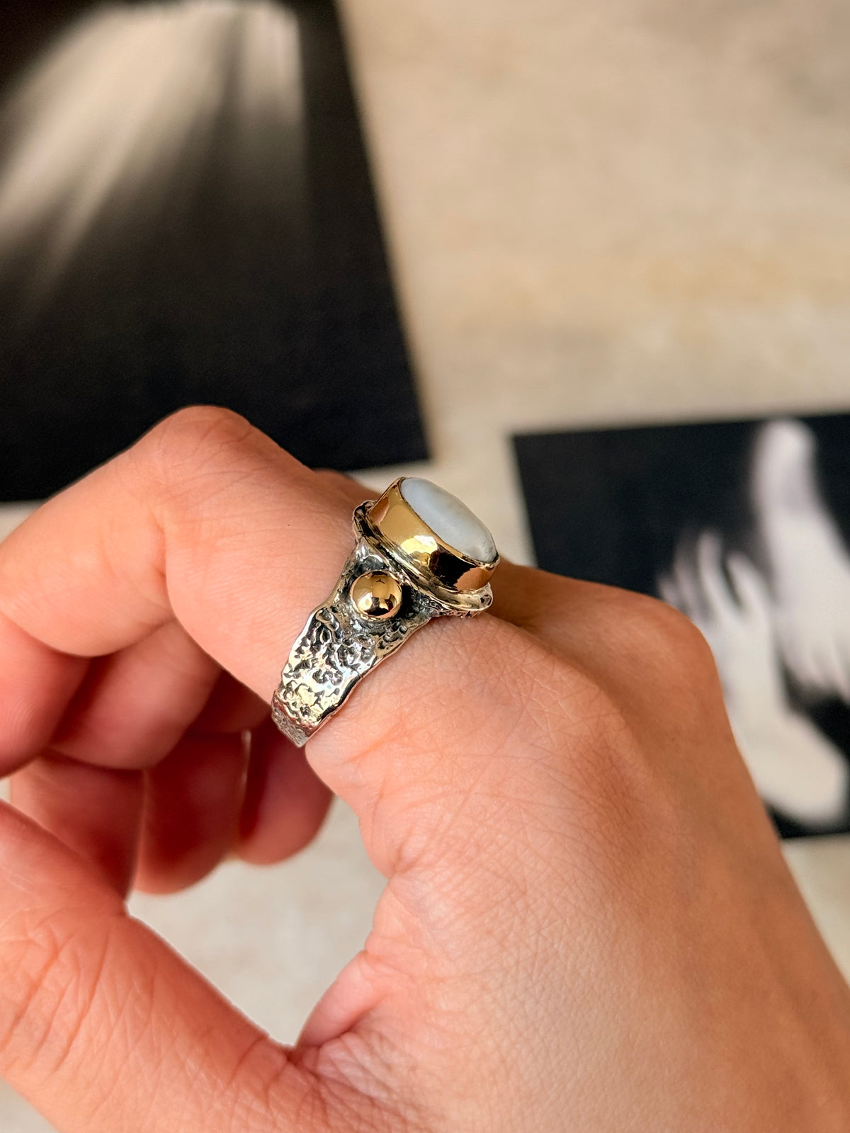 925 Sterling Silver Baroque Pearl Rustic Fusion Handcrafted Ring