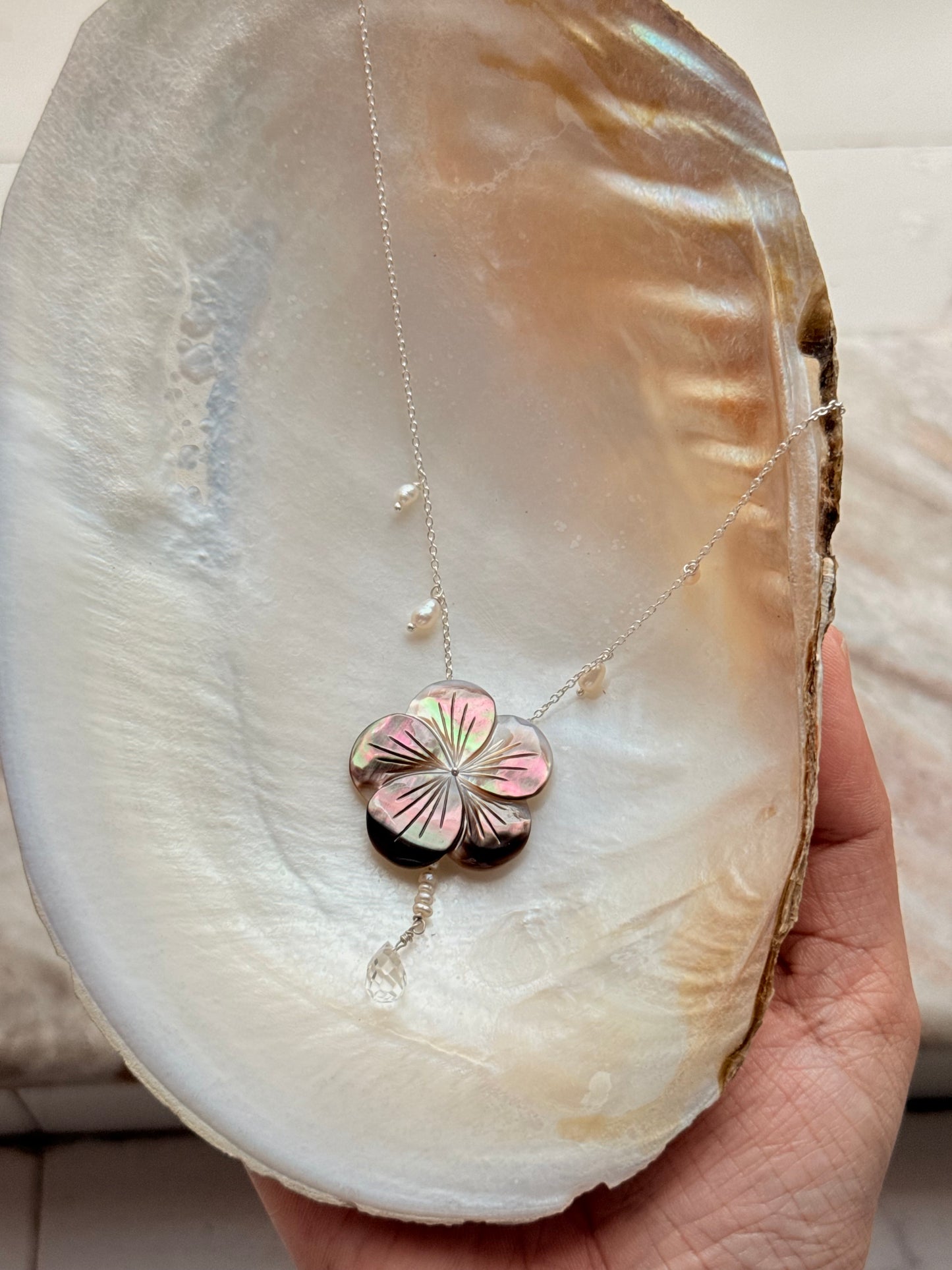 925 Sterling Silver Brown Mother Of Pearl Flower Carved , Fresh Water Pearls Charms & Clear Quartz Drop Handcrafted Dainty Necklace